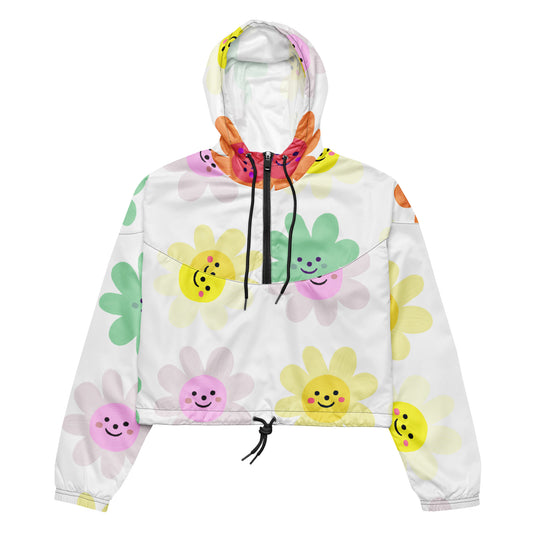 Cute Impasto Daisy flowers, CUTE-SMILY FACE Calmness Designs  Women’s cropped windbreaker