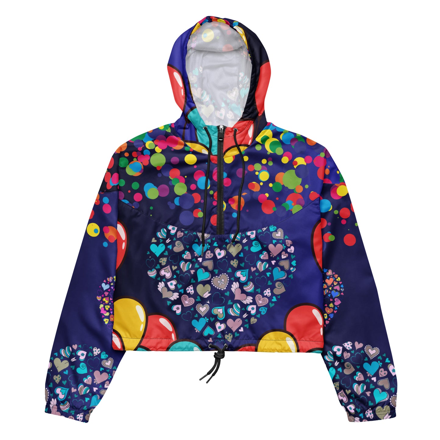 Hearts Pattern, Bunch of Balloon, Colorful Falling Confetti,  CALMNESS DESIGNS,  Creative Designer's,      Women’s cropped windbreaker