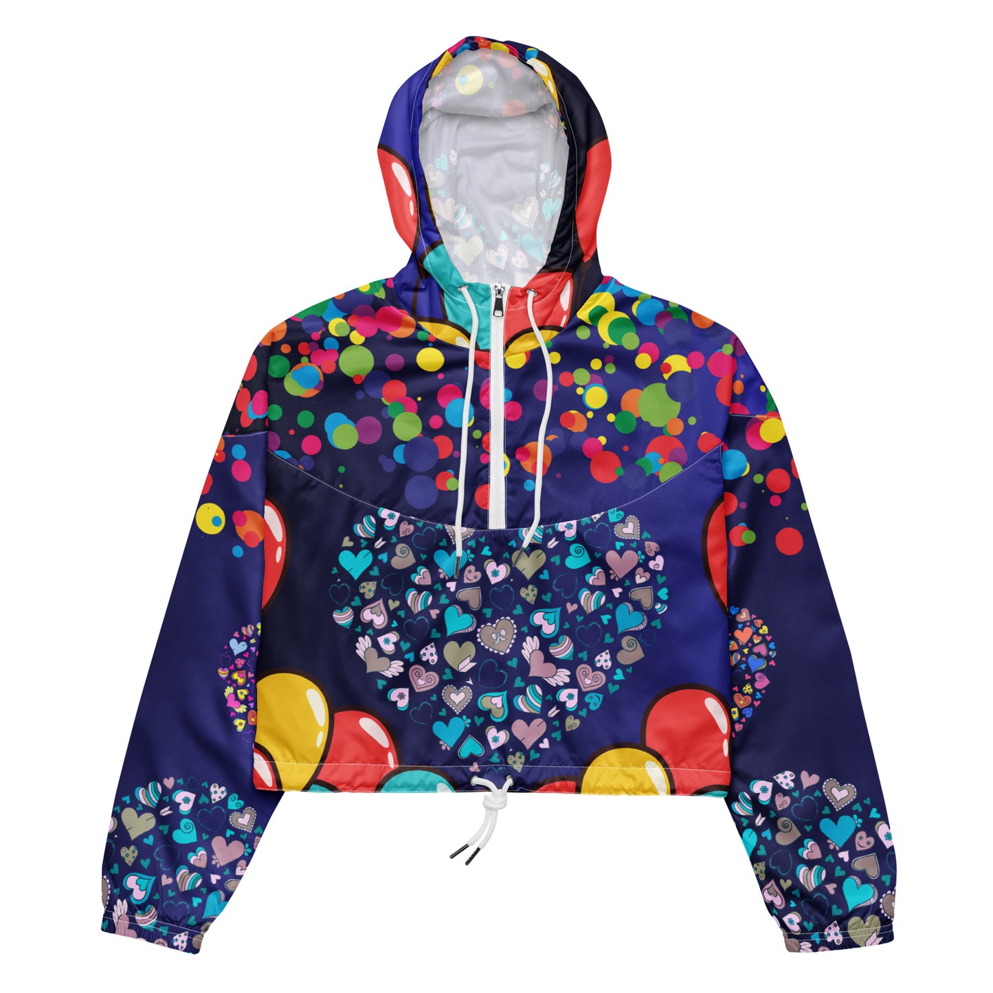 Hearts Pattern, Bunch of Balloon, Colorful Falling Confetti,  CALMNESS DESIGNS,  Creative Designer's,      Women’s cropped windbreaker