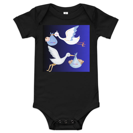 Cute Cartoon Stork with Baby Teddy Bear, Baby Boy Cartoon,  CALMNESS DESIGNS,  Creative Designer's,  Baby short sleeve one piece