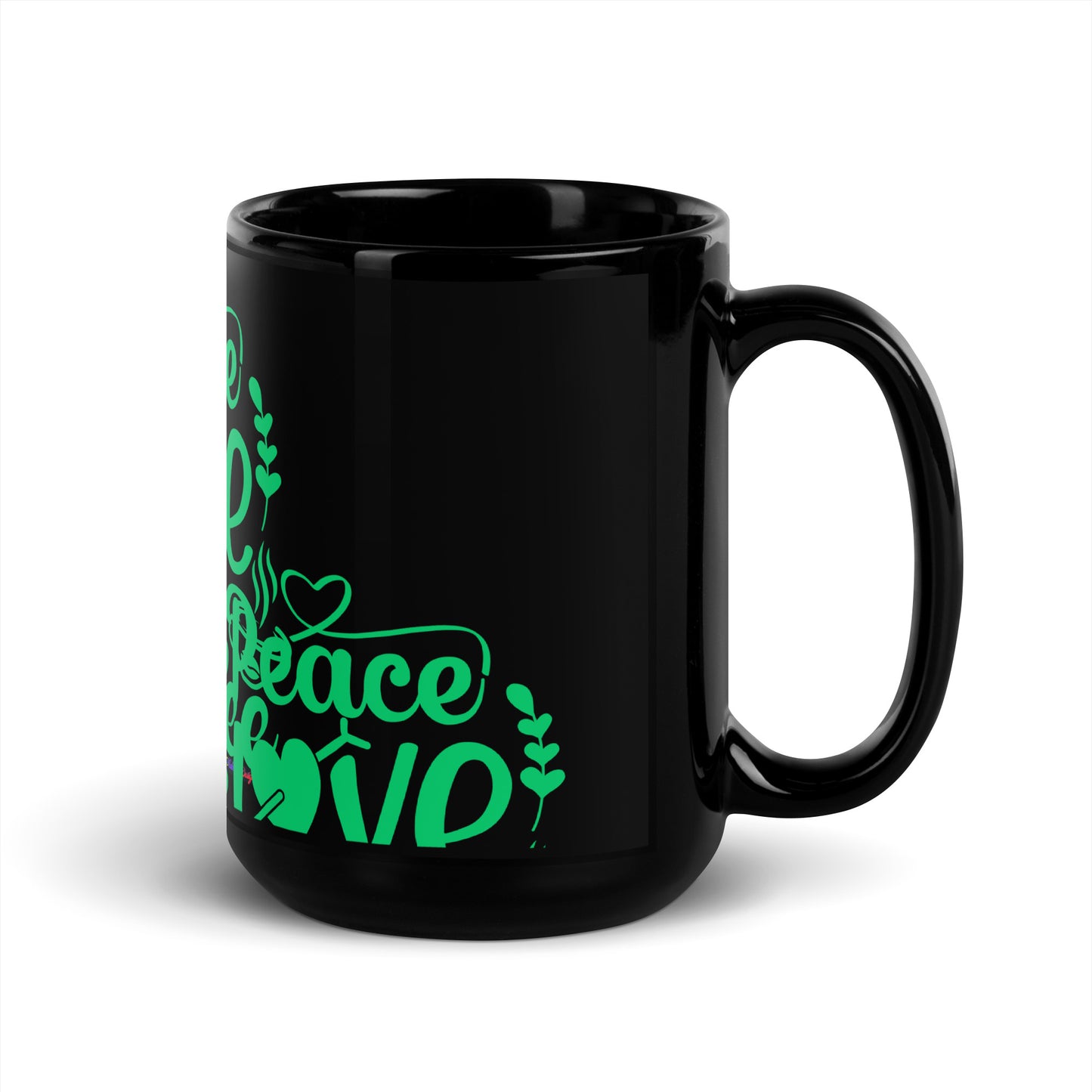 Peace Love and Coffee, Hearts-Arrow, Cup of HOT Coffee, CALMNESS DESIGNS,  Creative Designer's,  Black Glossy Mug