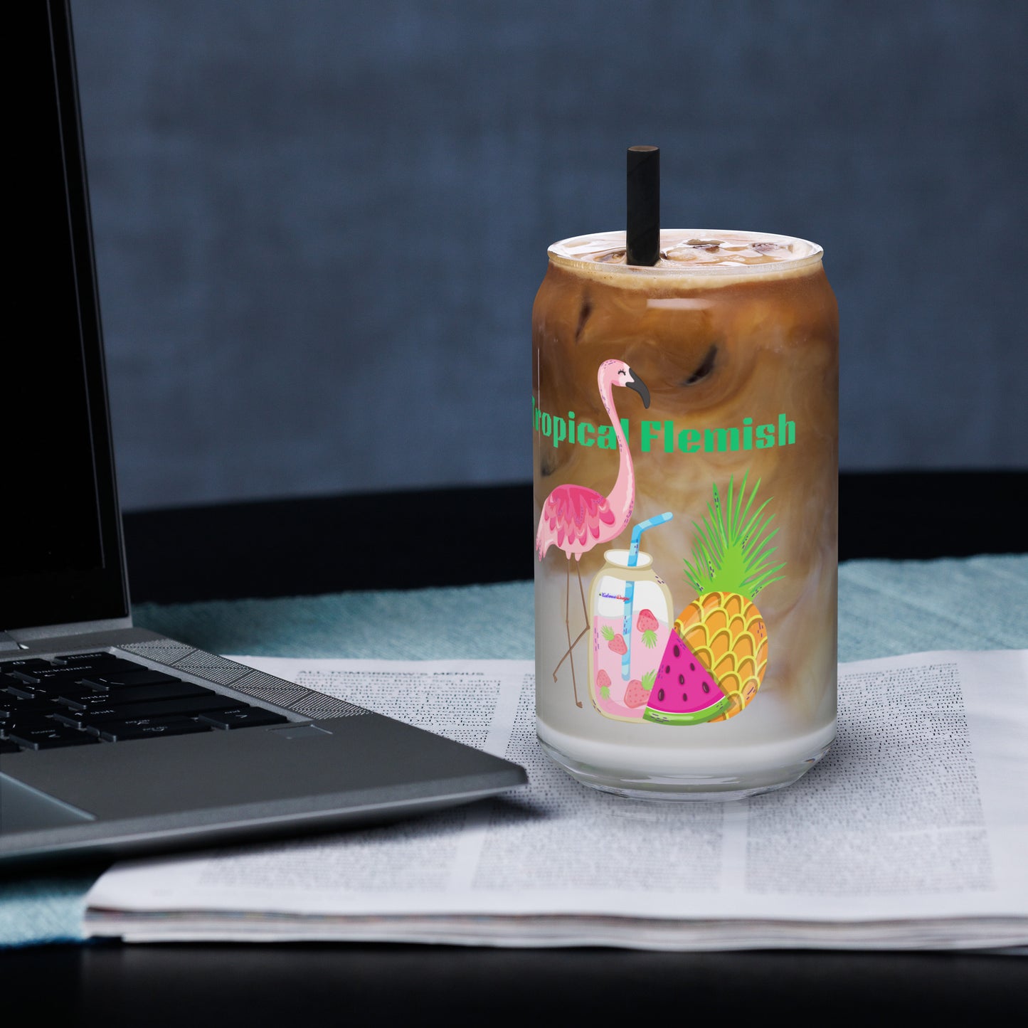 Tropical Flemish with Exotic Fruits and Smoothie, Flamingo, Pineapple, Watermelon, CALMNESS DESIGNS,  Creative Designer's,  Can-shaped glass