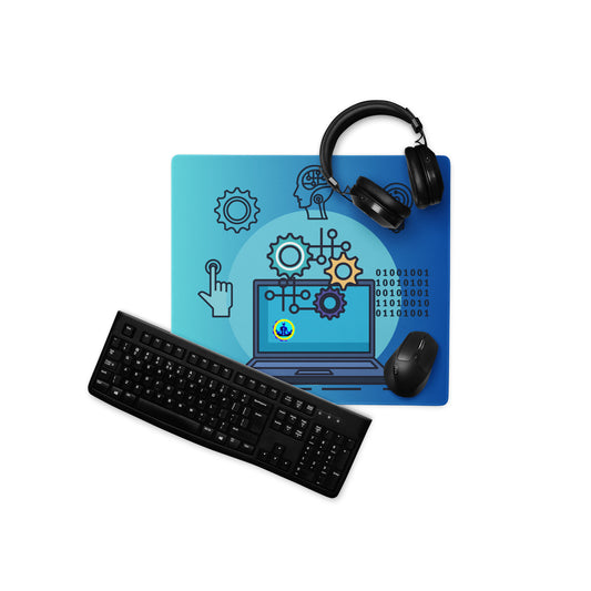 Laptop with Artificial  Intelligence, Head, Hand 1s and 0s, Nuts, Bolts,  CALMNESS DESIGNS,  Creative Designer's,  Gaming mouse pad