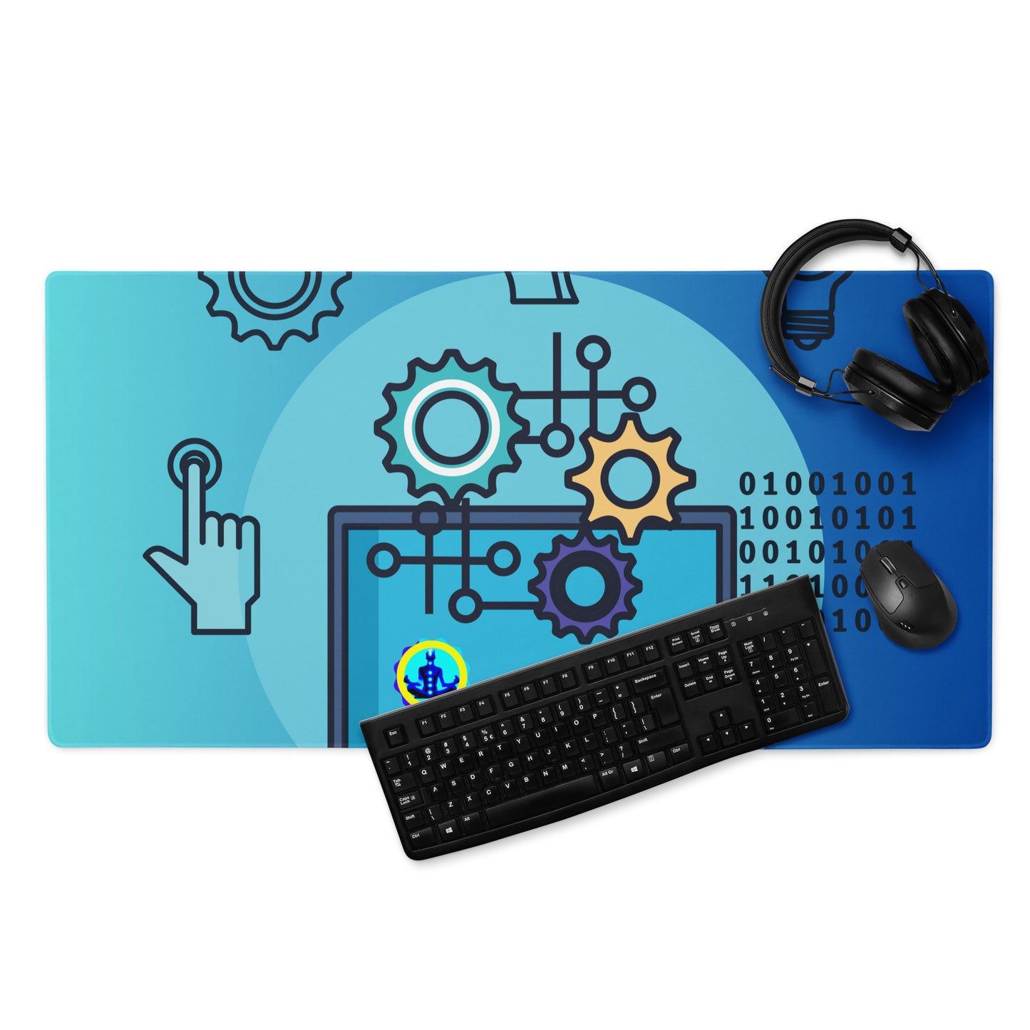 Laptop with Artificial  Intelligence, Head, Hand 1s and 0s, Nuts, Bolts,  CALMNESS DESIGNS,  Creative Designer's,  Gaming mouse pad