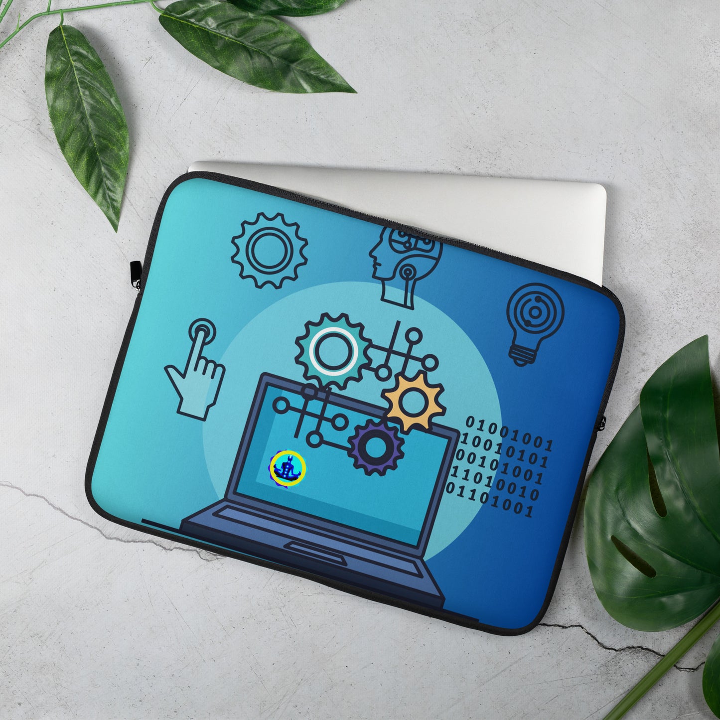 Laptop with Artificial  Intelligence, Head, Hand 1s and 0s, Nuts, Bolts,  CALMNESS DESIGNS,  Creative Designer's,  Laptop Sleeve