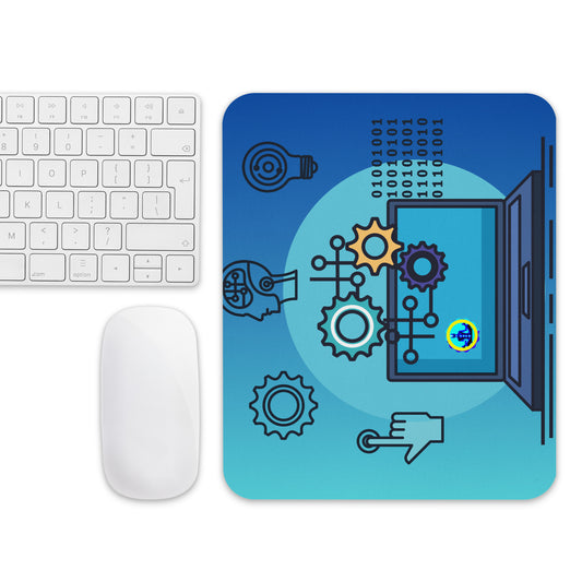 Laptop with Artificial  Intelligence, Head, Hand 1s and 0s, Nuts, Bolts,  CALMNESS DESIGNS,  Creative Designer's, Mouse pad