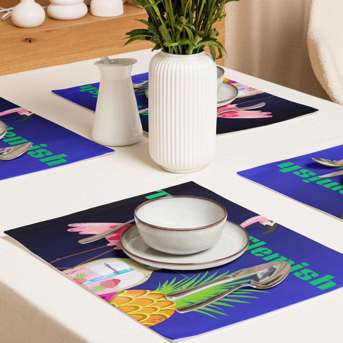 Tropical Flemish with Exotic Fruits and Smoothie, Flamingo, Pineapple, Watermelon, CALMNESS DESIGNS,  Creative Designer's,  Placemat Set