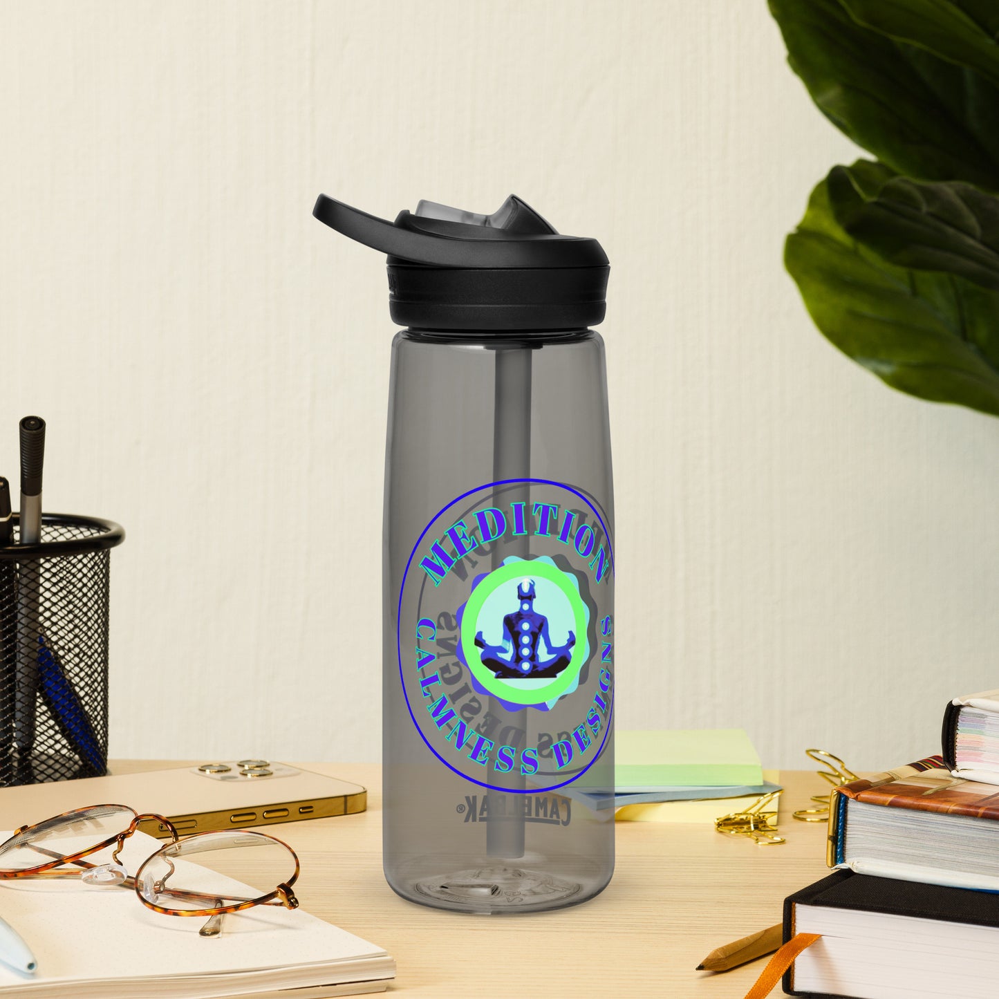 Retro Circle, MEDITION, CALMNESS DESIGNS LOGO,  Creative Designer's,  Sports water bottle