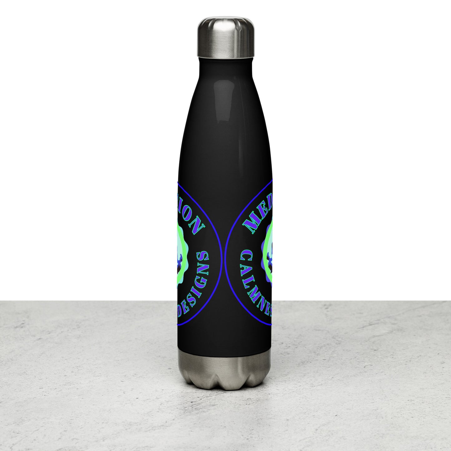 Retro Circle, MEDITION, CALMNESS DESIGNS LOGO,  Creative Designer's,  Stainless steel water bottle