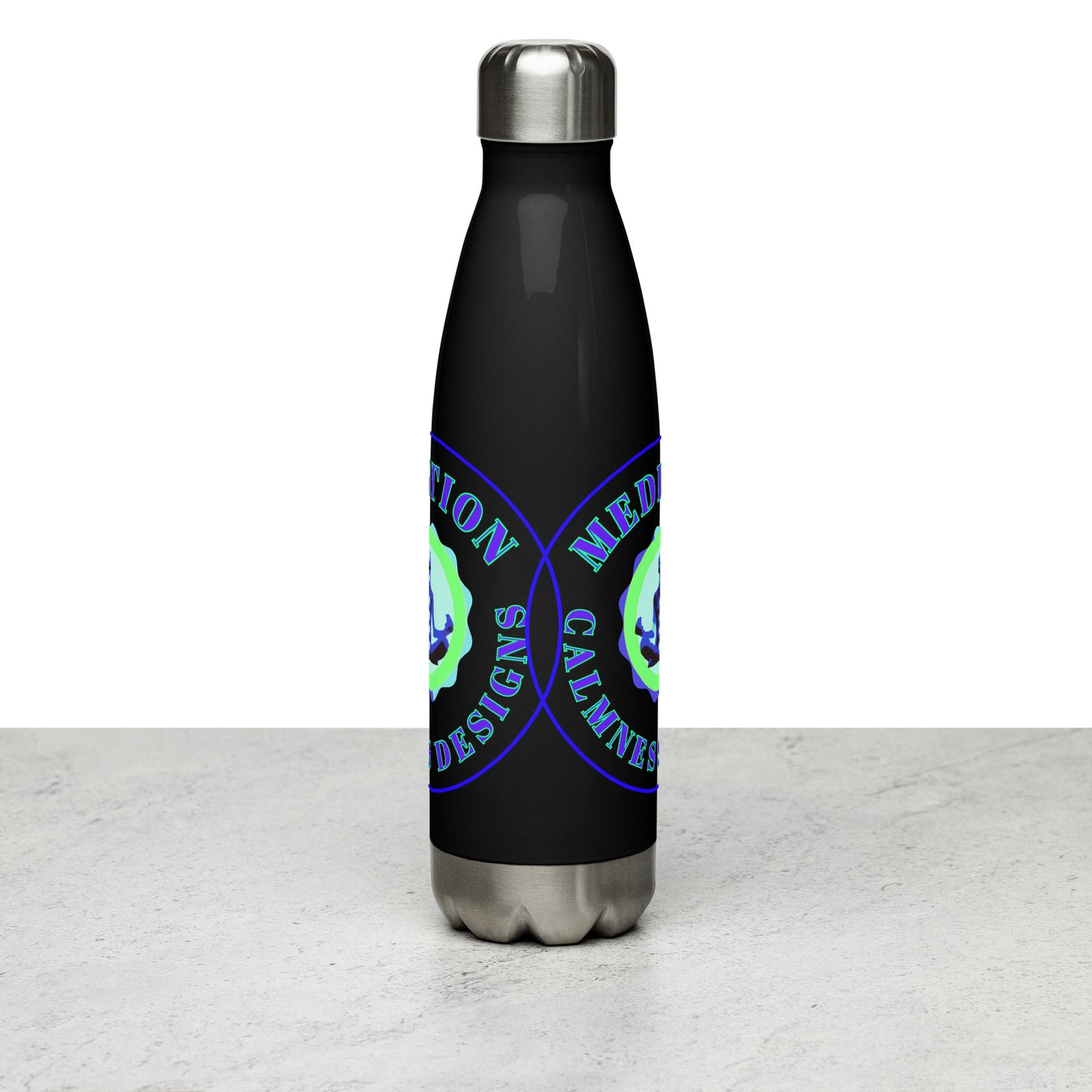 Retro Circle, MEDITION, CALMNESS DESIGNS LOGO,  Creative Designer's,  Stainless steel water bottle