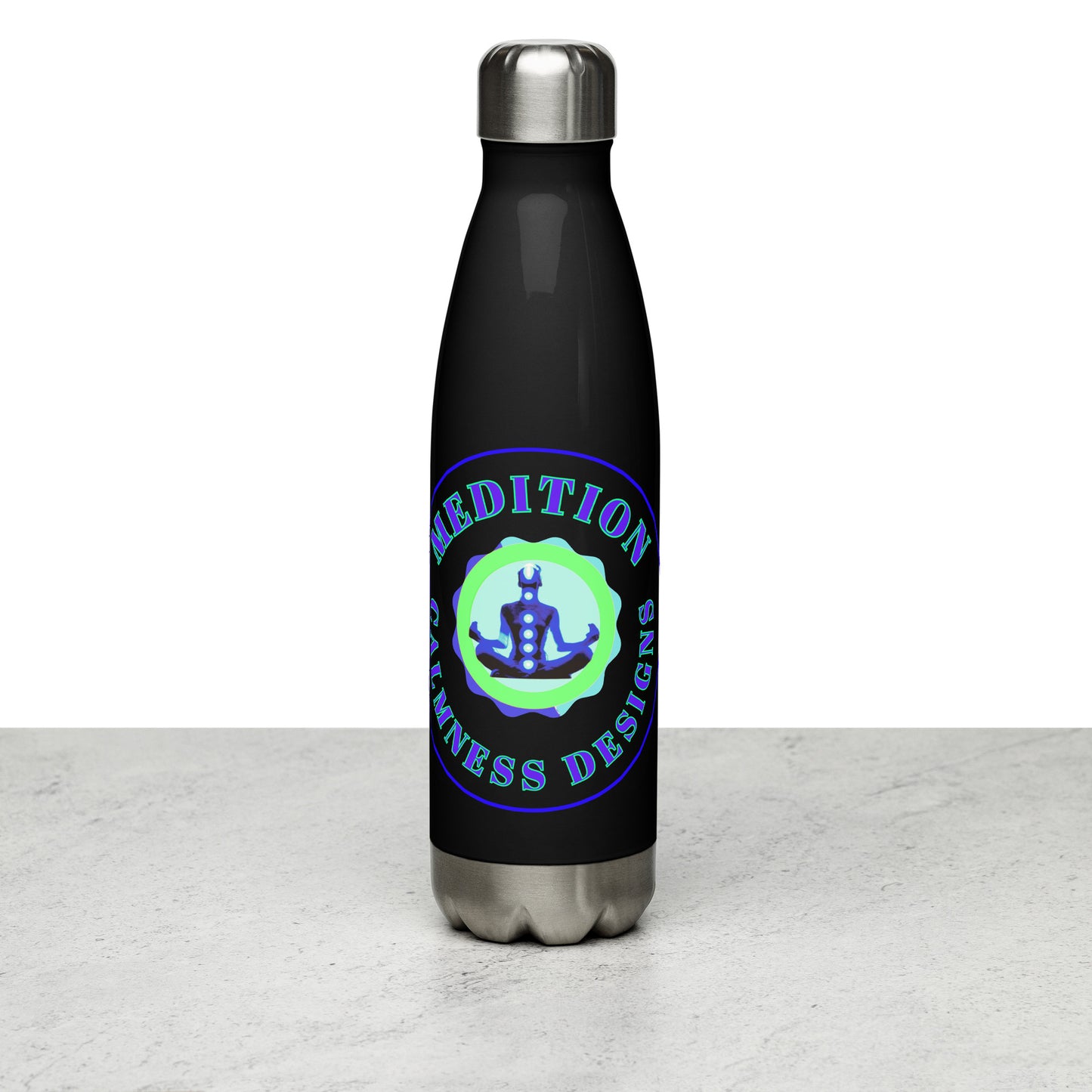 Retro Circle, MEDITION, CALMNESS DESIGNS LOGO,  Creative Designer's,  Stainless steel water bottle