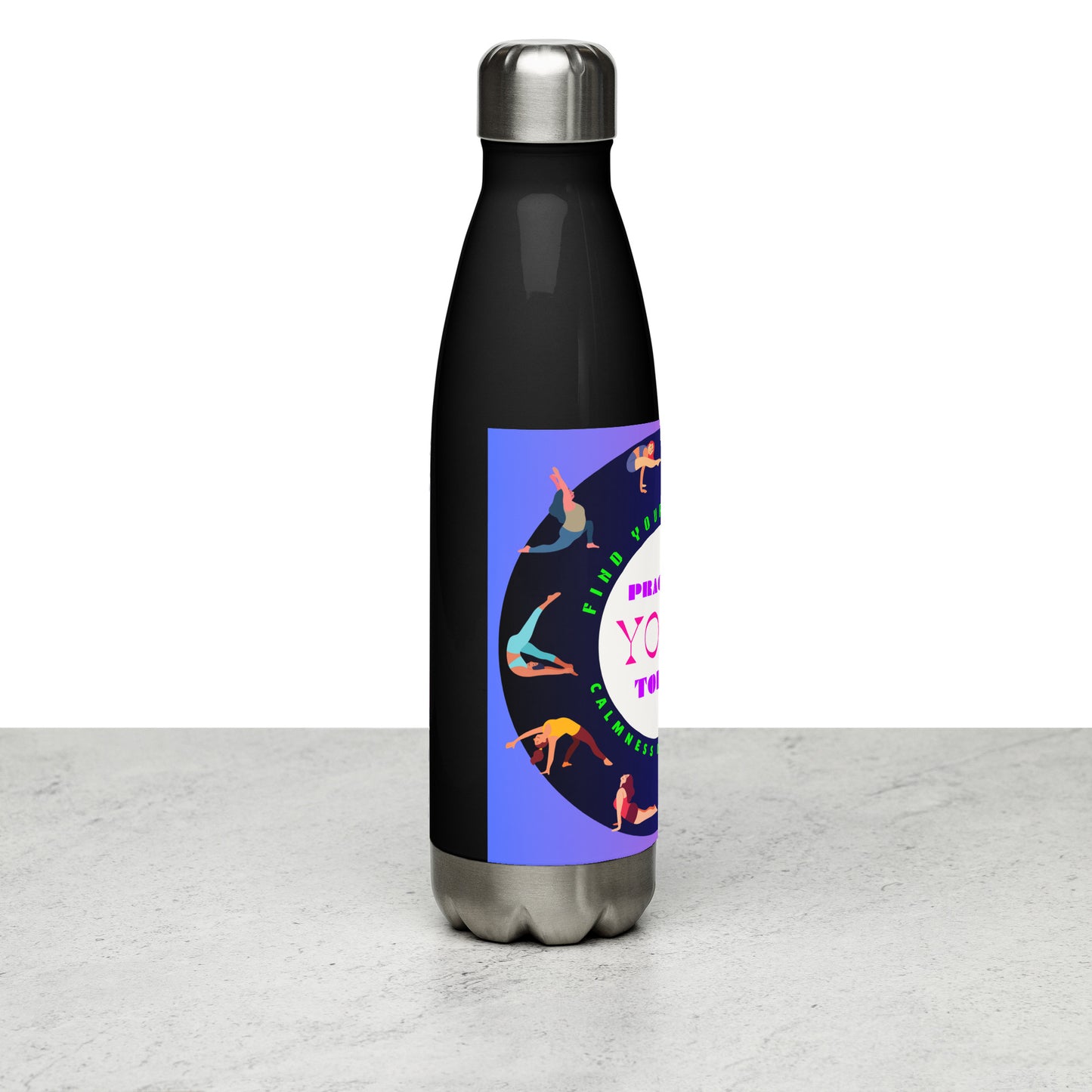 Colorful Illustrated Practice Yoga Today, FIND YOUR BALANCE, CALMNESSDESIGN.com, Creative Designer's,  Stainless steel water bottle