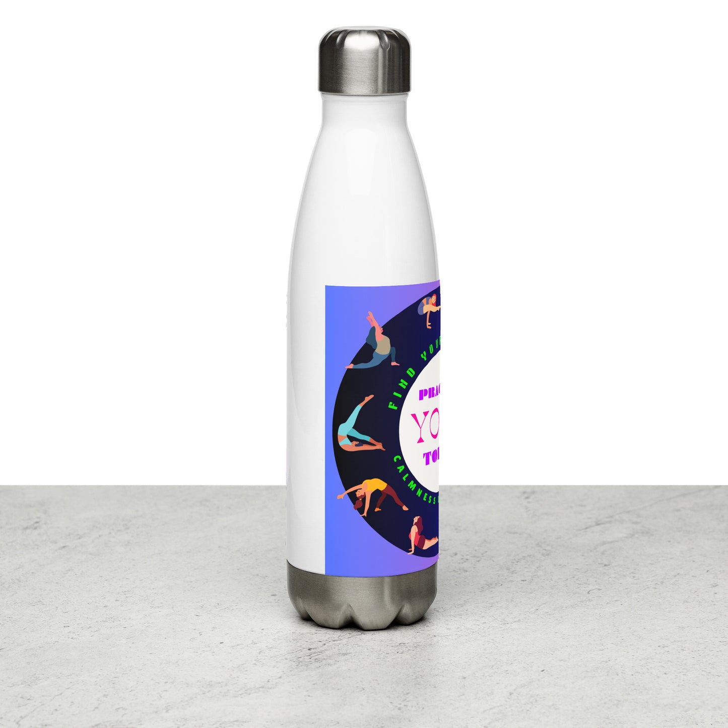 Colorful Illustrated Practice Yoga Today, FIND YOUR BALANCE, CALMNESSDESIGN.com, Creative Designer's,  Stainless steel water bottle