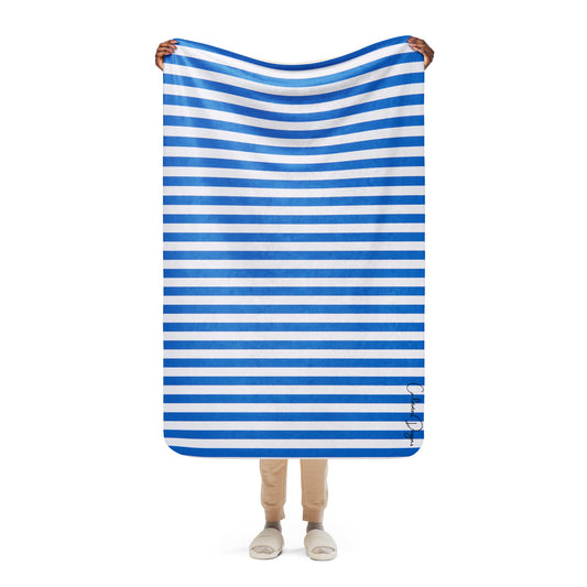 Blue & White Stripes,  Calmness Designs,  Designer's Styles, Creative  Designs   Creative, Genuine, Authentic,  Calmness Designs, Great For Gifts,  Design printed on all Apparels,   Accessories, Homeware's.  Sherpa blanket