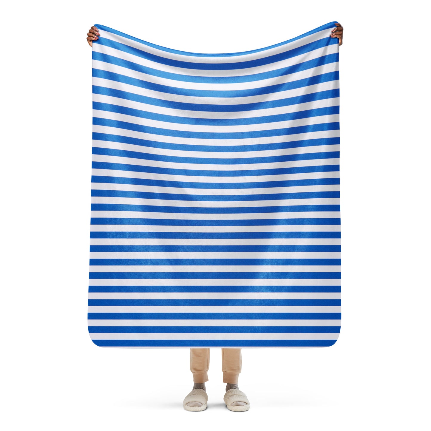 Blue & White Stripes,  Calmness Designs,  Designer's Styles, Creative  Designs   Creative, Genuine, Authentic,  Calmness Designs, Great For Gifts,  Design printed on all Apparels,   Accessories, Homeware's.  Sherpa blanket