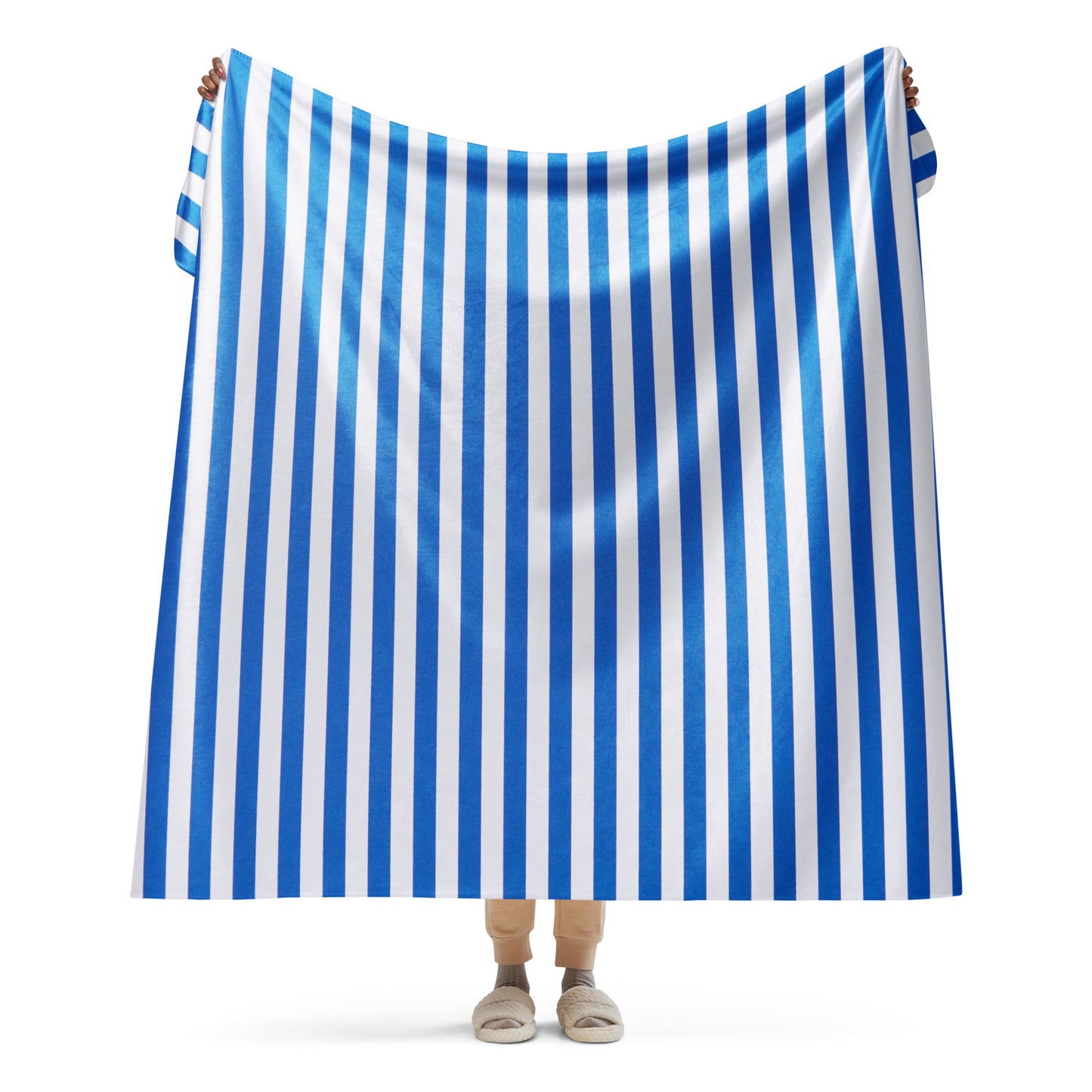 Blue & White Stripes,  Calmness Designs,  Designer's Styles, Creative  Designs   Creative, Genuine, Authentic,  Calmness Designs, Great For Gifts,  Design printed on all Apparels,   Accessories, Homeware's.  Sherpa blanket