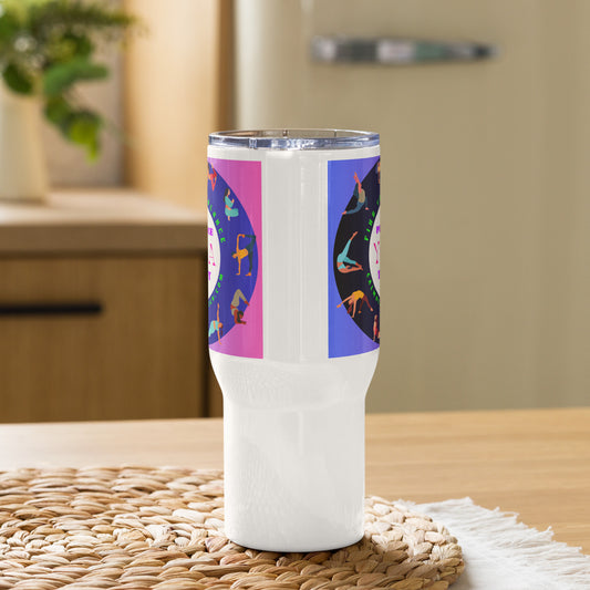 Colorful Illustrated Practice Yoga Today, FIND YOUR BALANCE, CALMNESSDESIGN.com, Creative Designer's,  Travel mug with a handle