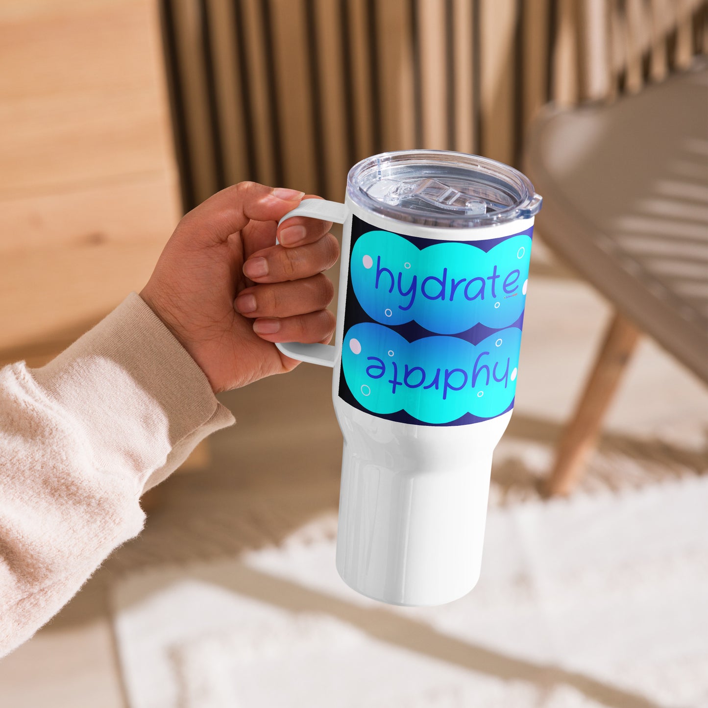 Elevated Cartoony HYDRATE, CALMNESS DESIGNS,  Creative Designer's,   Travel mug with a handle