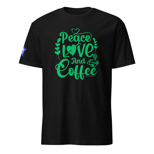 Peace Love and Coffee, Hearts-Arrow, Cup of HOT Coffee, CALMNESS DESIGNS,  Creative Designer's, Short-Sleeve Unisex T-Shirt