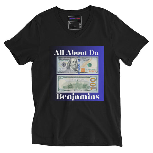 All About da Benjamins, US $100 Dollar Bills, Calmness Designs, Creative Designs,Unisex Short Sleeve V-Neck T-Shirt