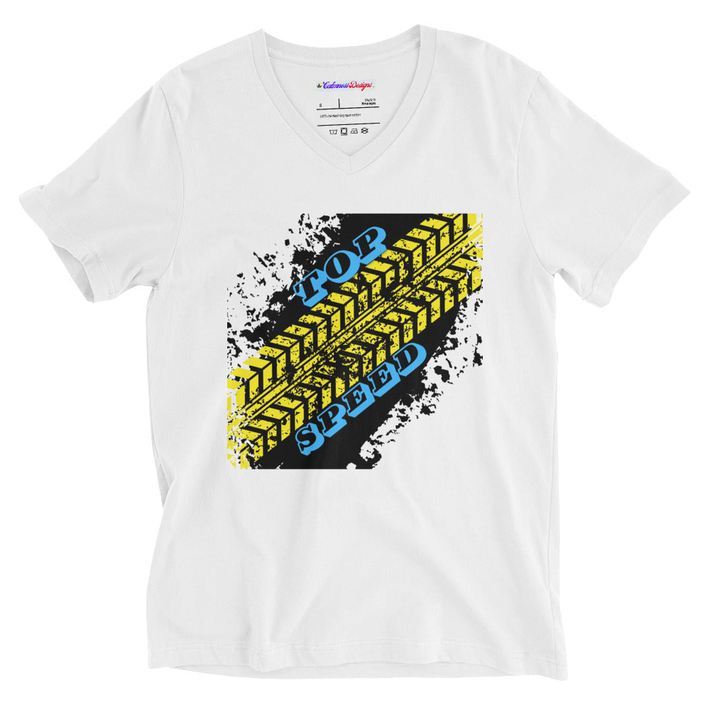 Car Tire Track, Top Speed, Calmnessdesign.COM,   Unisex Short Sleeve V-Neck T-Shirt