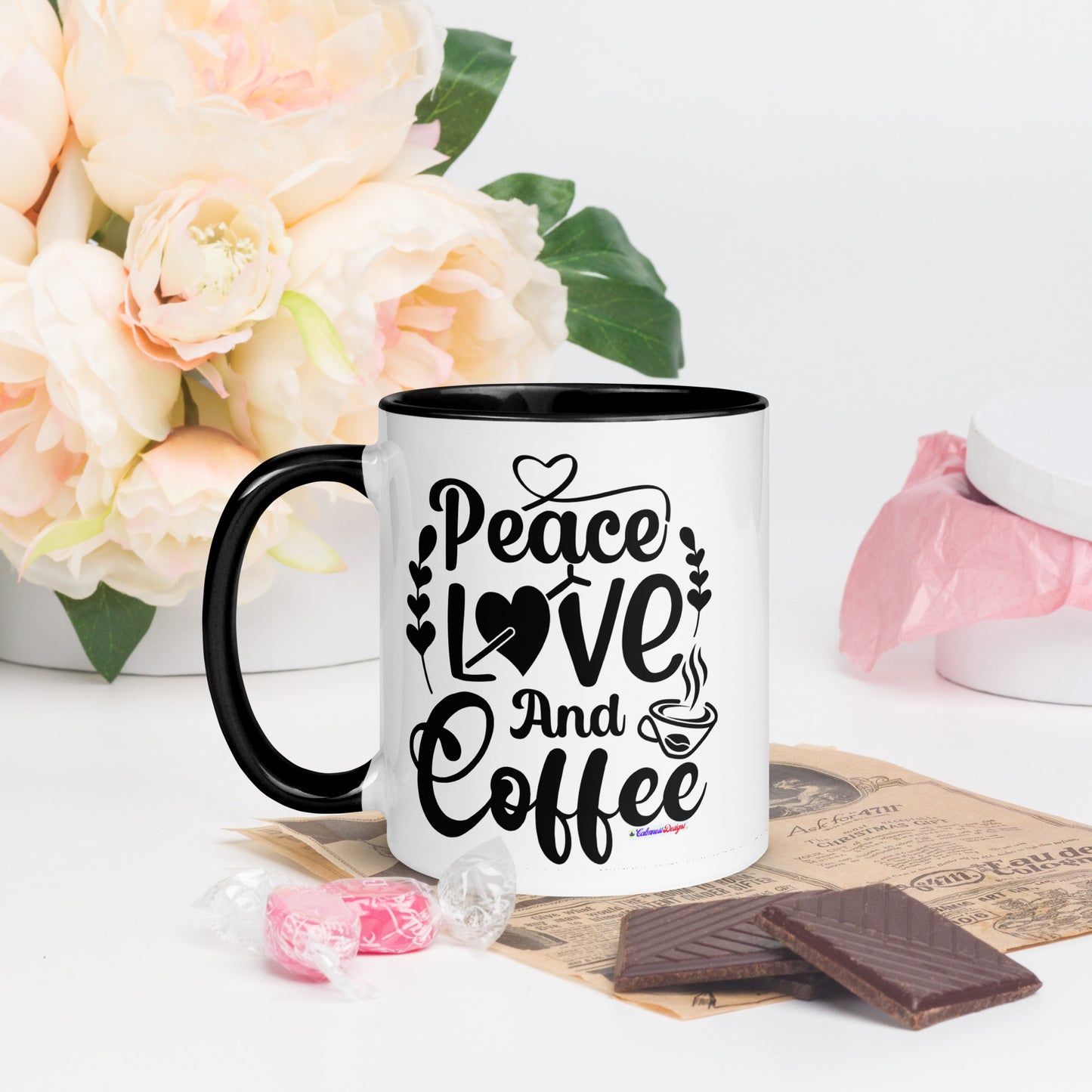 Peace Love and Coffee, Hearts-Arrow, Cup of HOT Coffee, CALMNESS DESIGNS,  Creative Designer's,  Mug with Color Inside