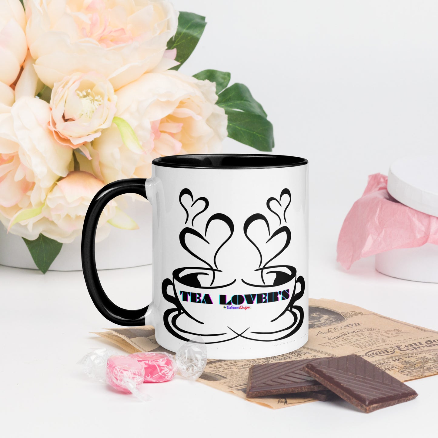 TEA LOVER'S 2 CUPS of COFFEE, Hearts, CALMNESS DESIGNS,  Creative Designer's, Mug with Color Inside