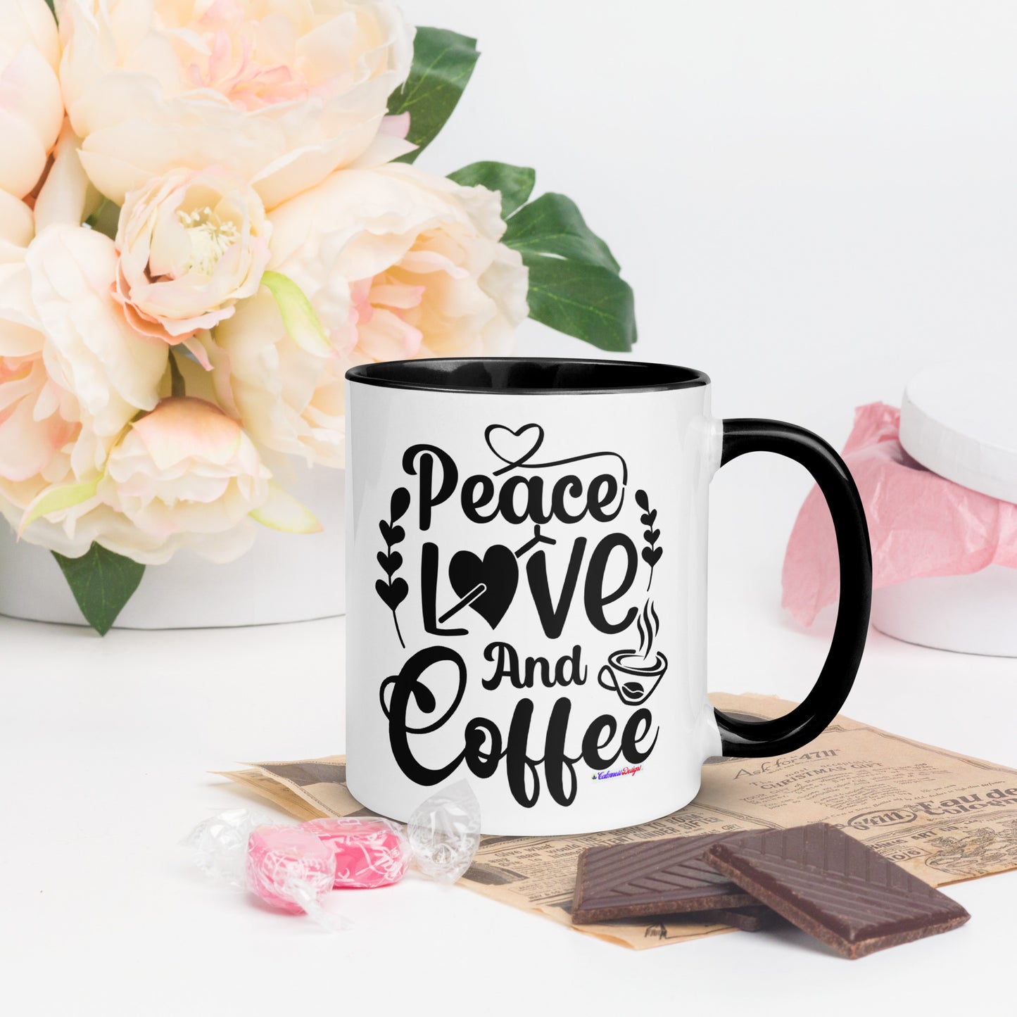 Peace Love and Coffee, Hearts-Arrow, Cup of HOT Coffee, CALMNESS DESIGNS,  Creative Designer's,  Mug with Color Inside