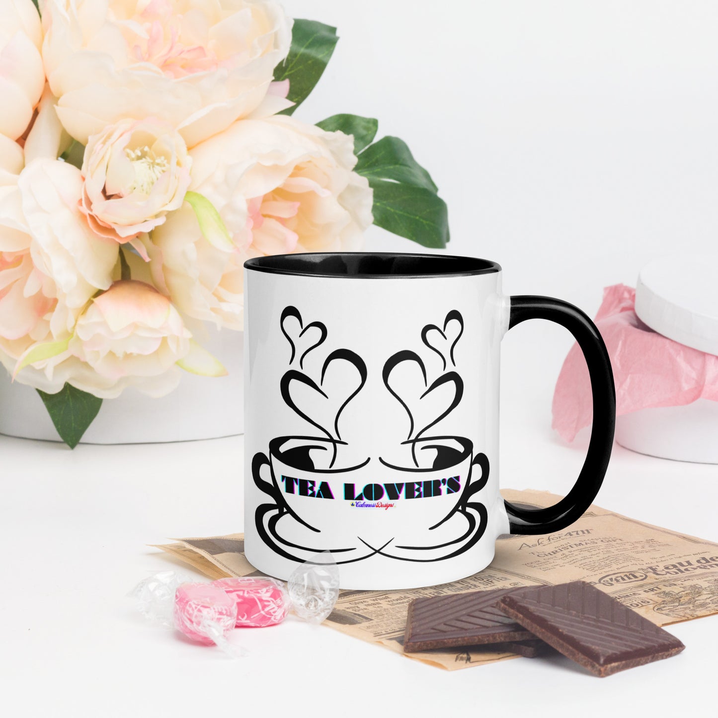 TEA LOVER'S 2 CUPS of COFFEE, Hearts, CALMNESS DESIGNS,  Creative Designer's, Mug with Color Inside