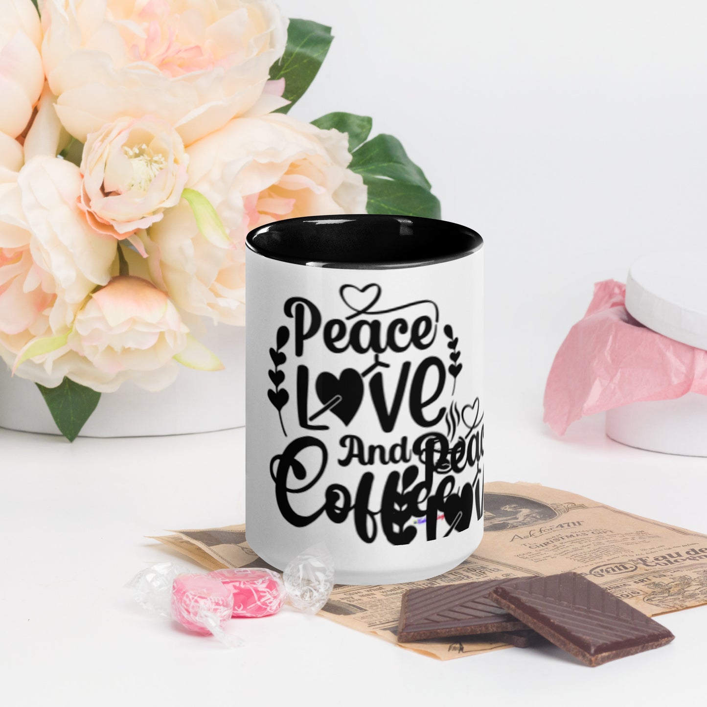 Peace Love and Coffee, Hearts-Arrow, Cup of HOT Coffee, CALMNESS DESIGNS,  Creative Designer's,  Mug with Color Inside