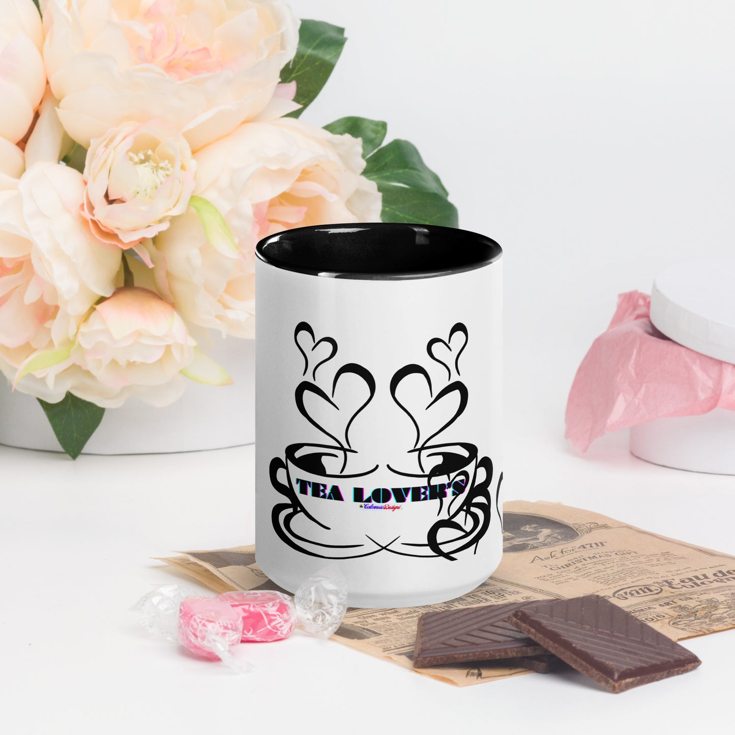 TEA LOVER'S 2 CUPS of COFFEE, Hearts, CALMNESS DESIGNS,  Creative Designer's, Mug with Color Inside