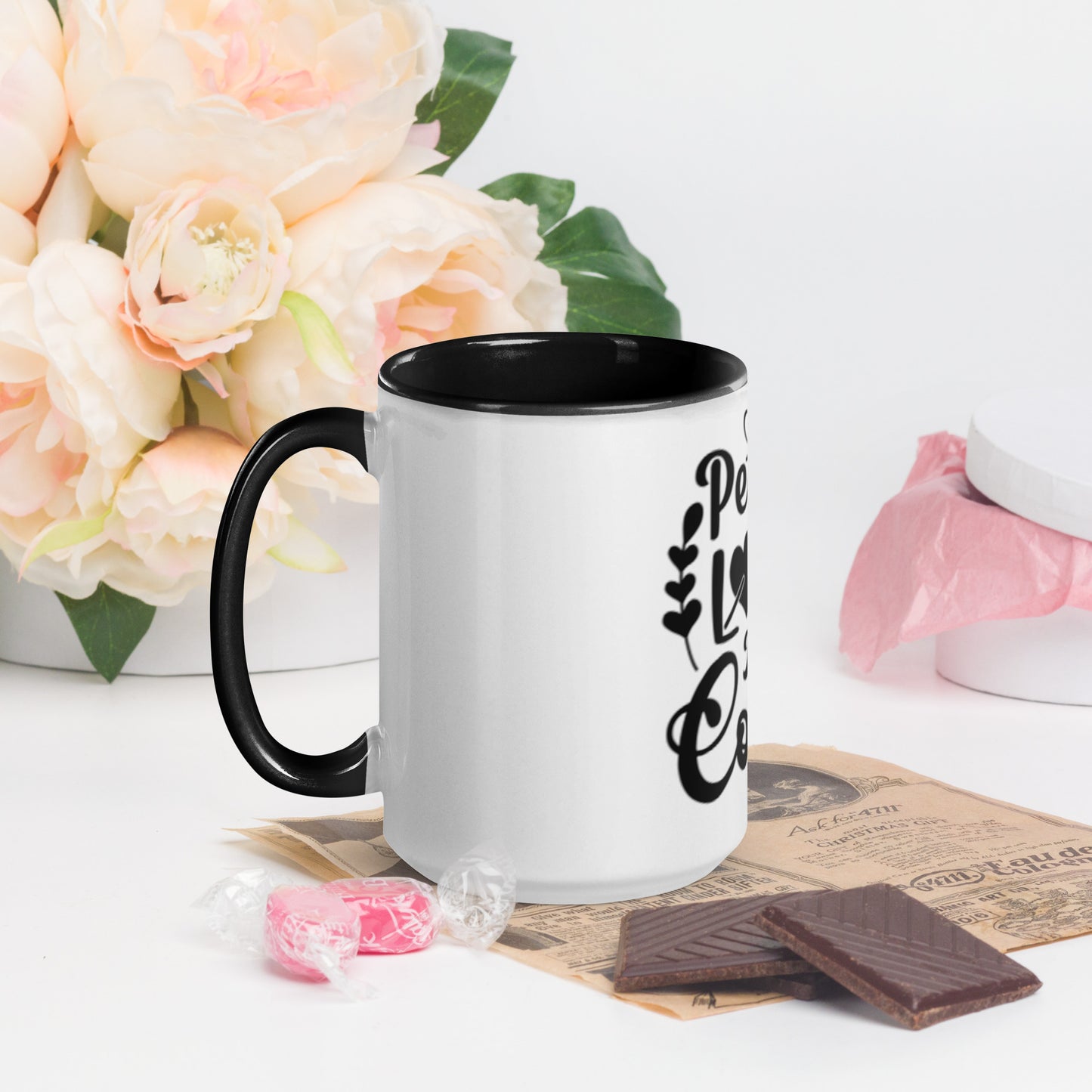 Peace Love and Coffee, Hearts-Arrow, Cup of HOT Coffee, CALMNESS DESIGNS,  Creative Designer's,  Mug with Color Inside