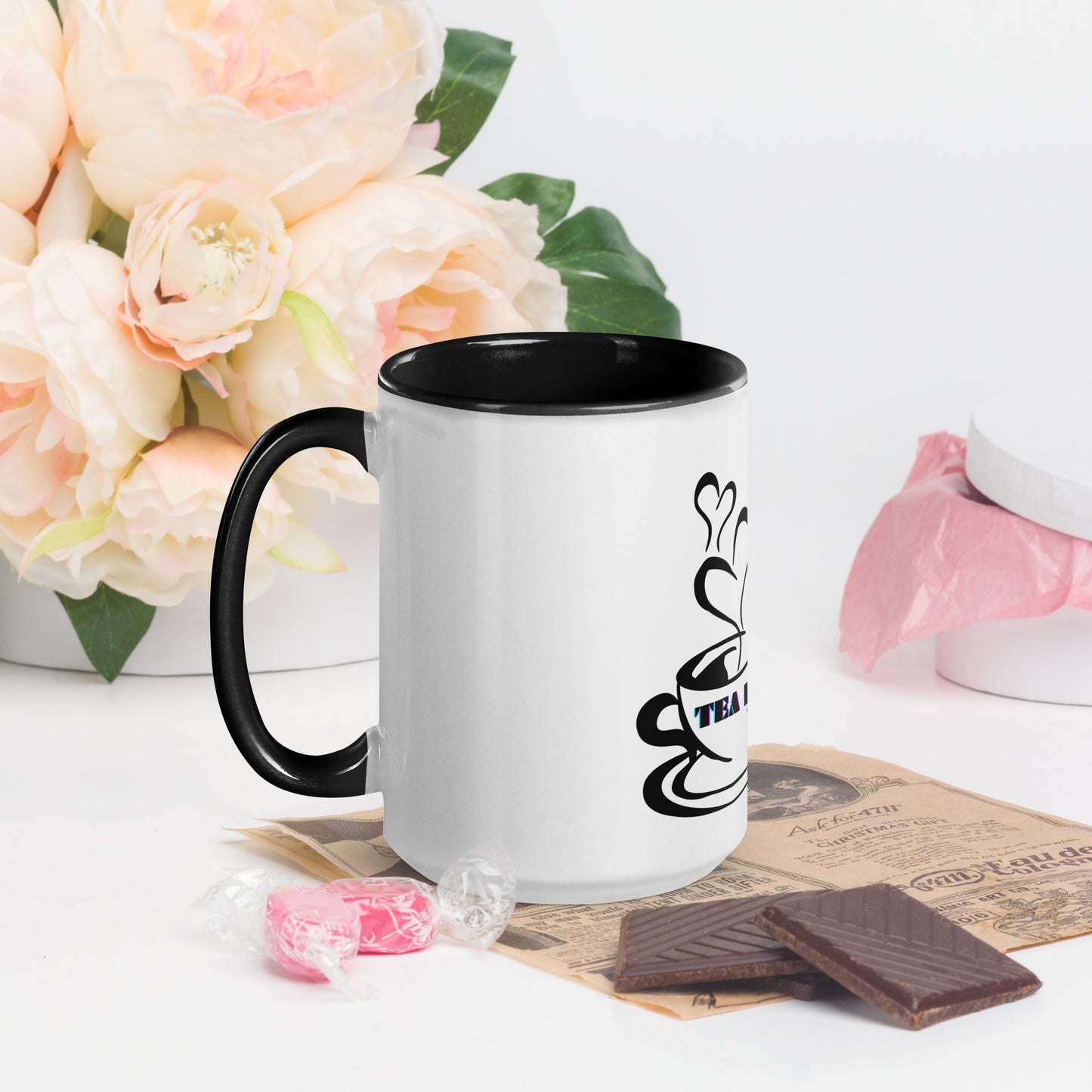 TEA LOVER'S 2 CUPS of COFFEE, Hearts, CALMNESS DESIGNS,  Creative Designer's, Mug with Color Inside