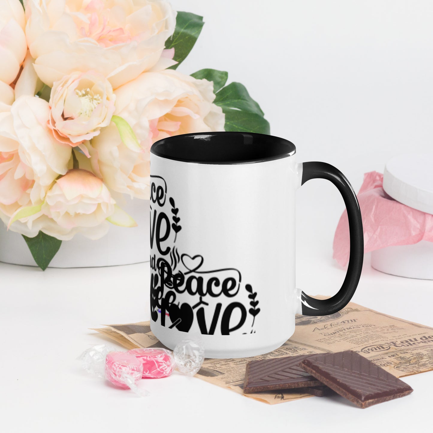 Peace Love and Coffee, Hearts-Arrow, Cup of HOT Coffee, CALMNESS DESIGNS,  Creative Designer's,  Mug with Color Inside