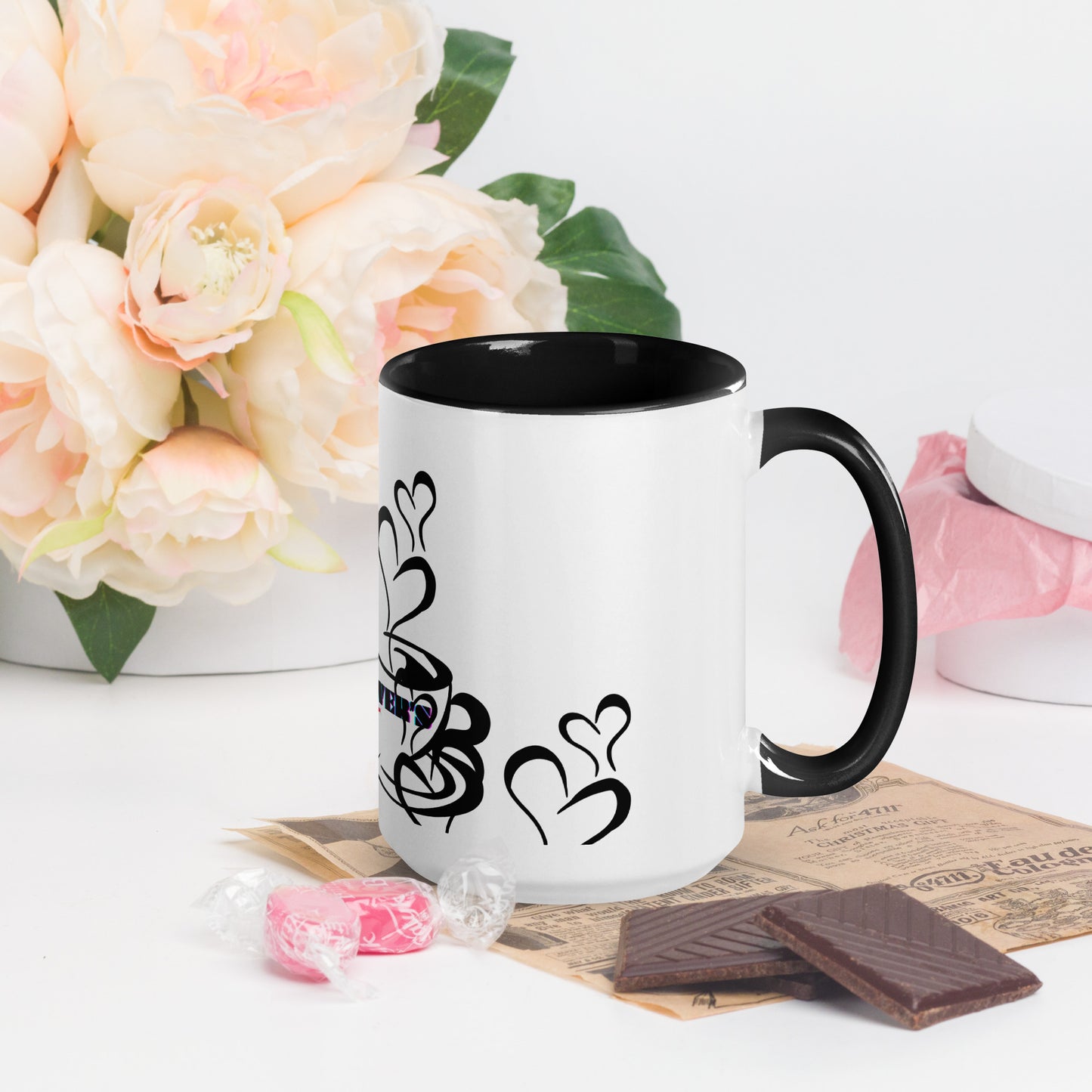 TEA LOVER'S 2 CUPS of COFFEE, Hearts, CALMNESS DESIGNS,  Creative Designer's, Mug with Color Inside