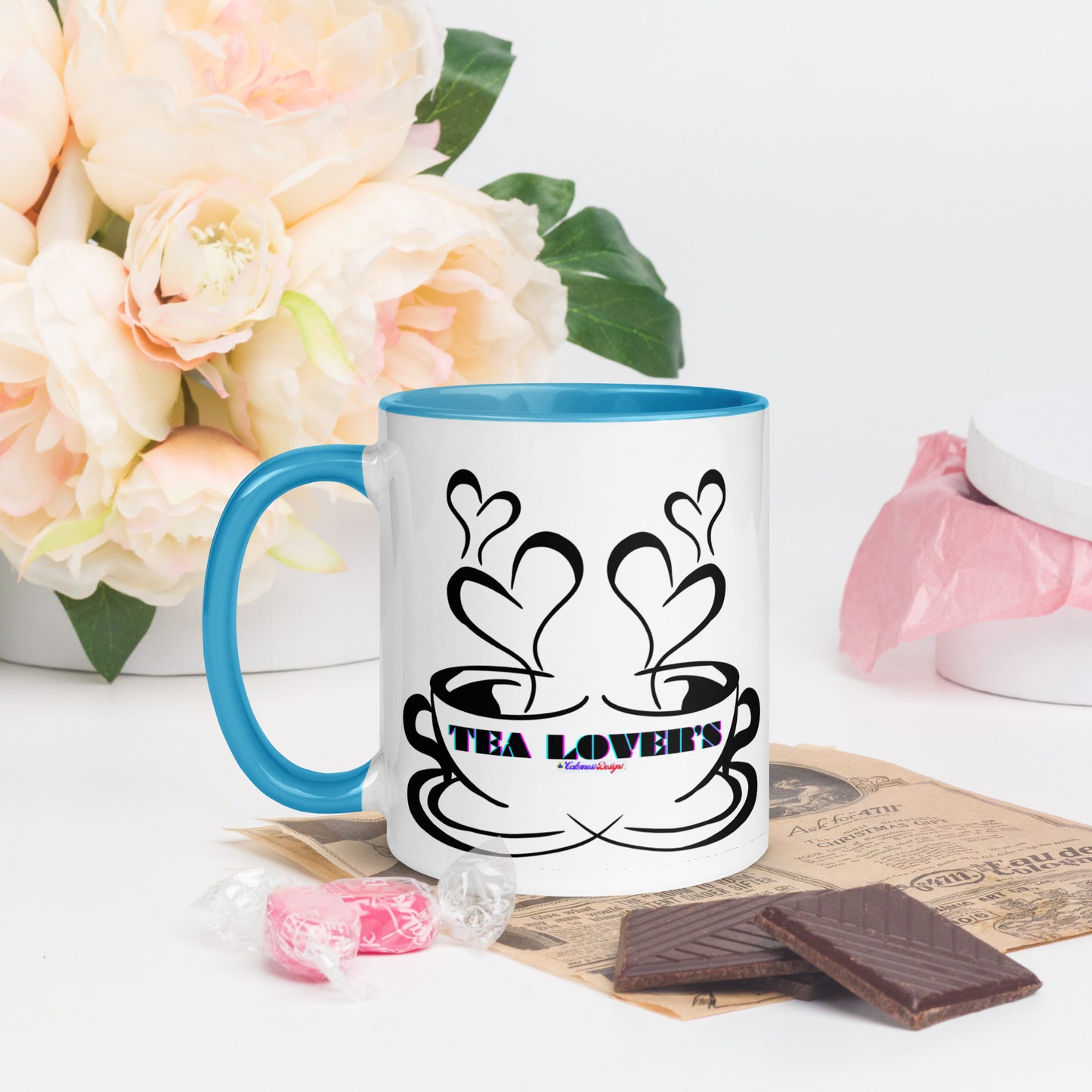 TEA LOVER'S 2 CUPS of COFFEE, Hearts, CALMNESS DESIGNS,  Creative Designer's, Mug with Color Inside