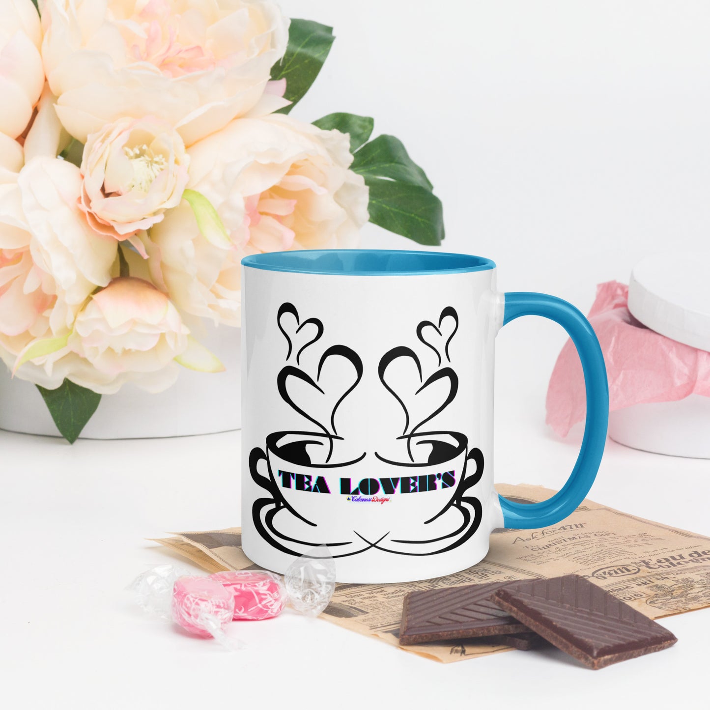 TEA LOVER'S 2 CUPS of COFFEE, Hearts, CALMNESS DESIGNS,  Creative Designer's, Mug with Color Inside