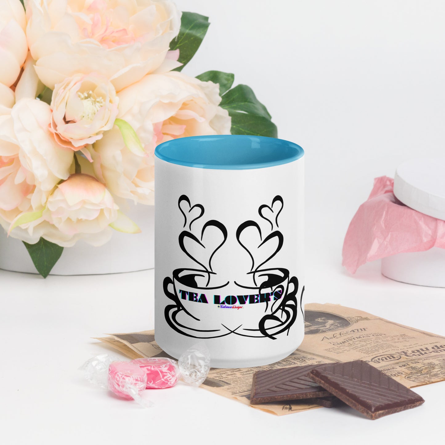 TEA LOVER'S 2 CUPS of COFFEE, Hearts, CALMNESS DESIGNS,  Creative Designer's, Mug with Color Inside