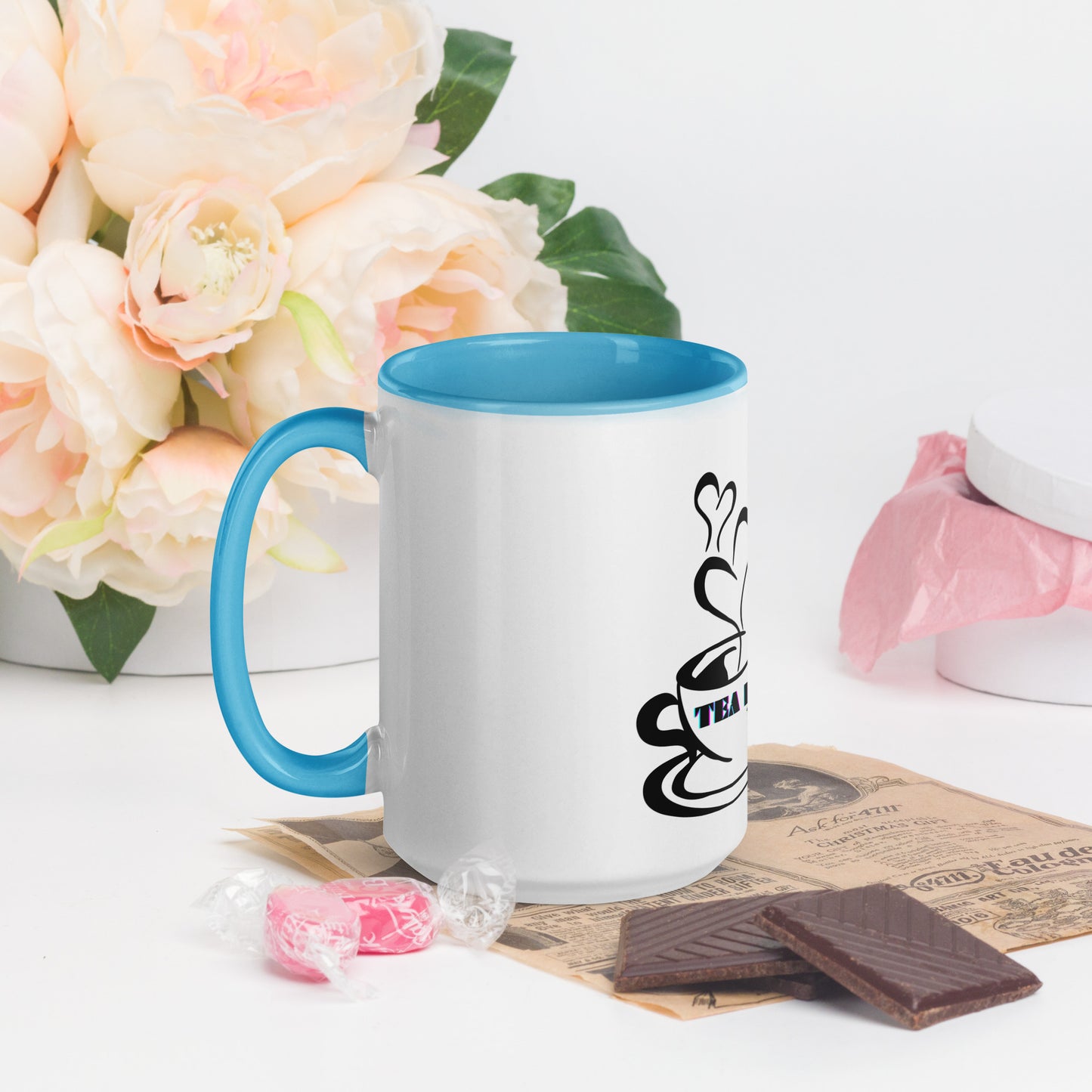 TEA LOVER'S 2 CUPS of COFFEE, Hearts, CALMNESS DESIGNS,  Creative Designer's, Mug with Color Inside