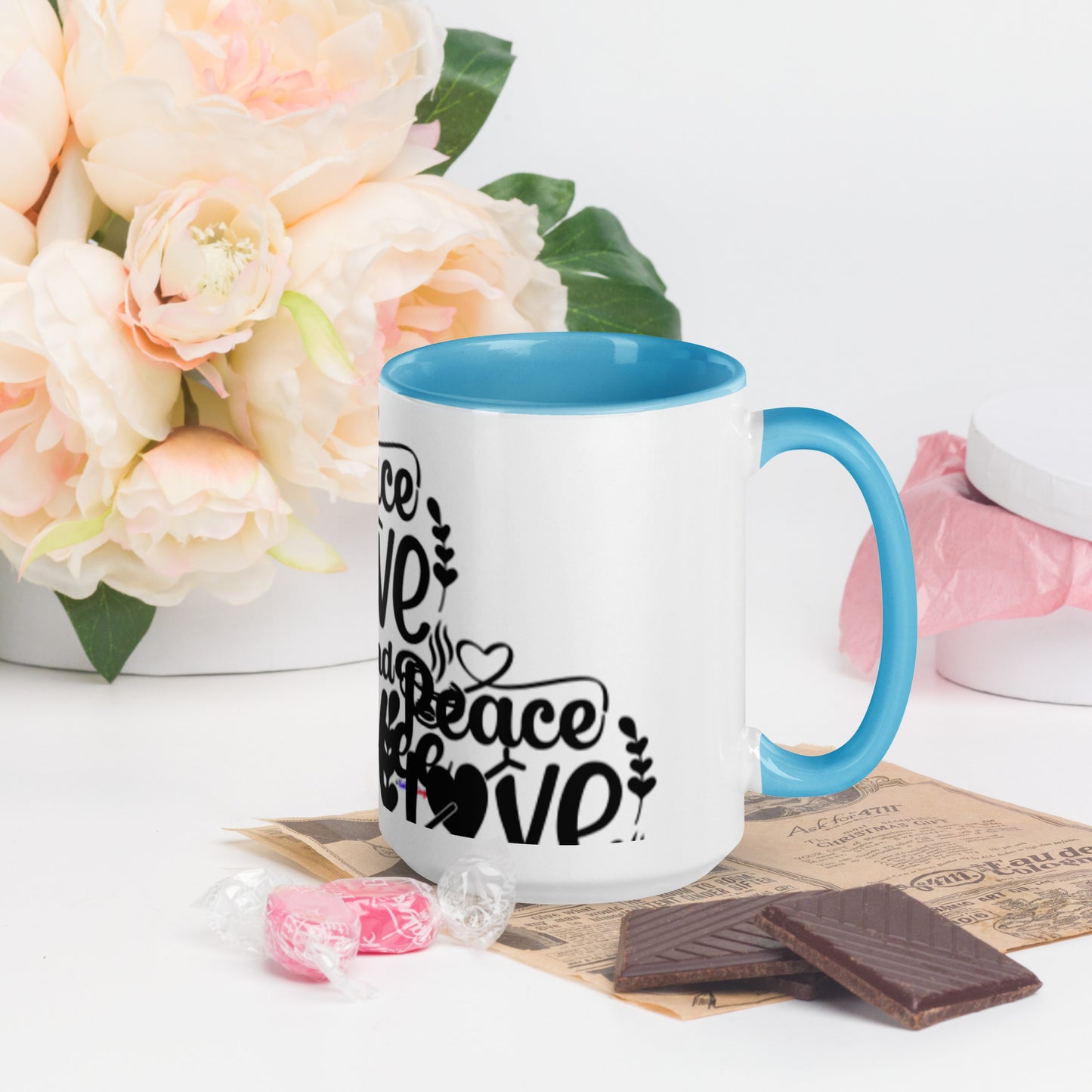 Peace Love and Coffee, Hearts-Arrow, Cup of HOT Coffee, CALMNESS DESIGNS,  Creative Designer's,  Mug with Color Inside