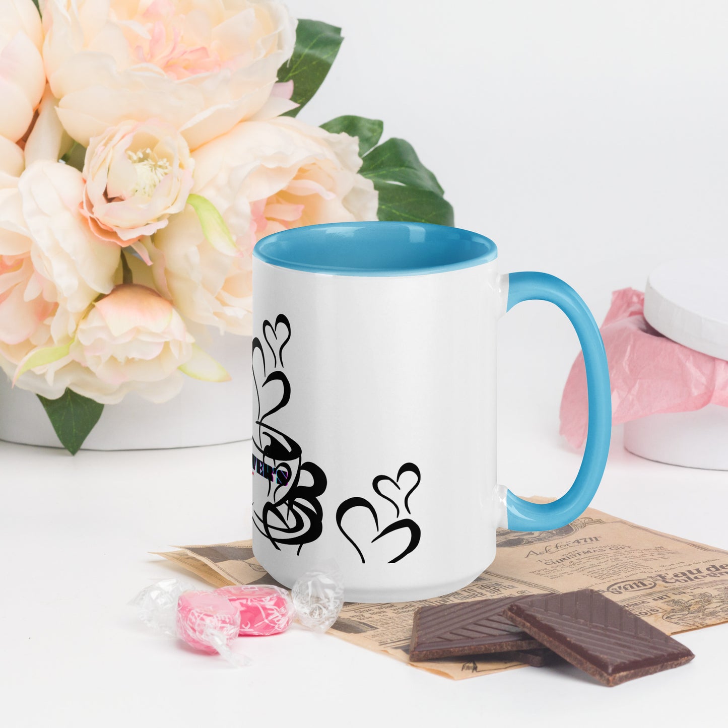 TEA LOVER'S 2 CUPS of COFFEE, Hearts, CALMNESS DESIGNS,  Creative Designer's, Mug with Color Inside