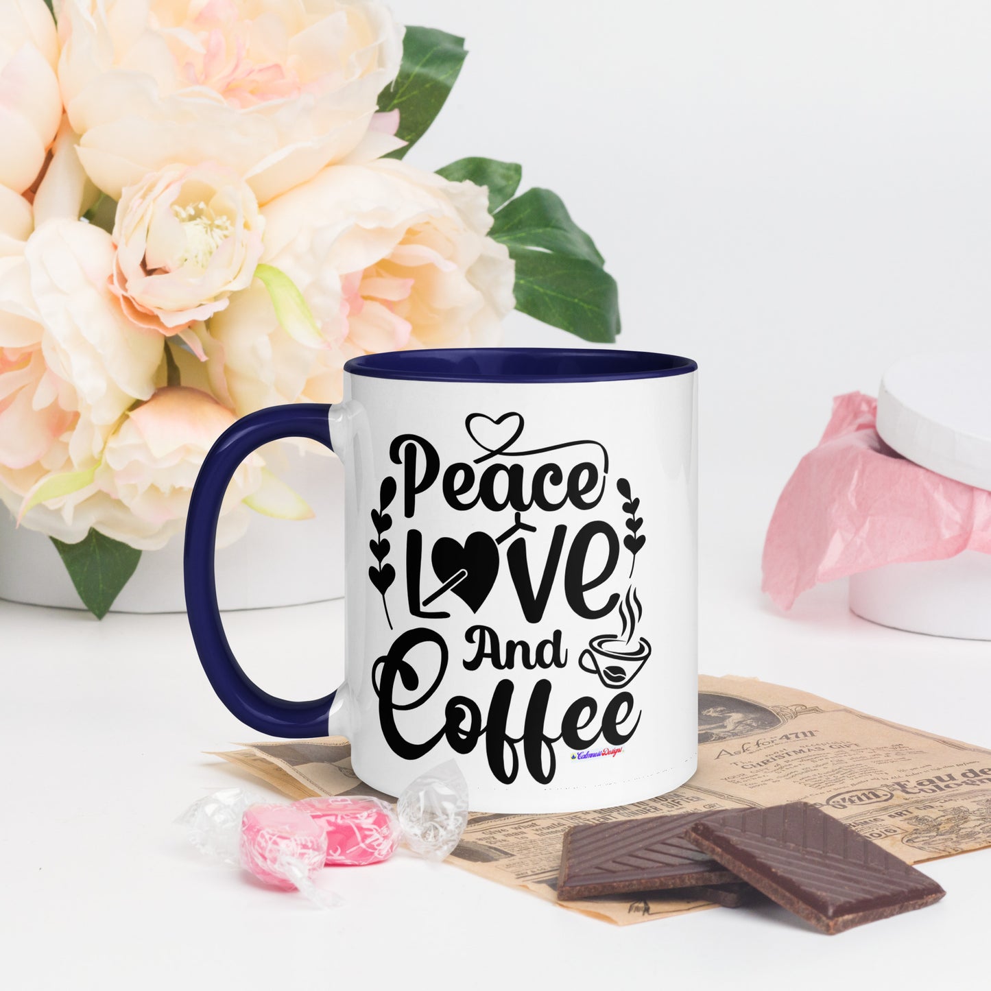 Peace Love and Coffee, Hearts-Arrow, Cup of HOT Coffee, CALMNESS DESIGNS,  Creative Designer's,  Mug with Color Inside