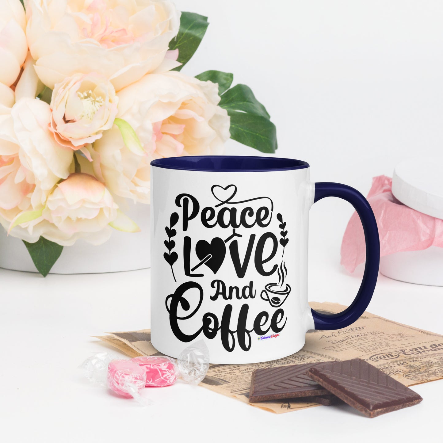 Peace Love and Coffee, Hearts-Arrow, Cup of HOT Coffee, CALMNESS DESIGNS,  Creative Designer's,  Mug with Color Inside