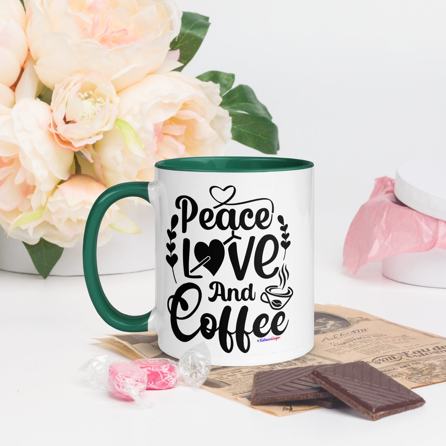 Peace Love and Coffee, Hearts-Arrow, Cup of HOT Coffee, CALMNESS DESIGNS,  Creative Designer's,  Mug with Color Inside