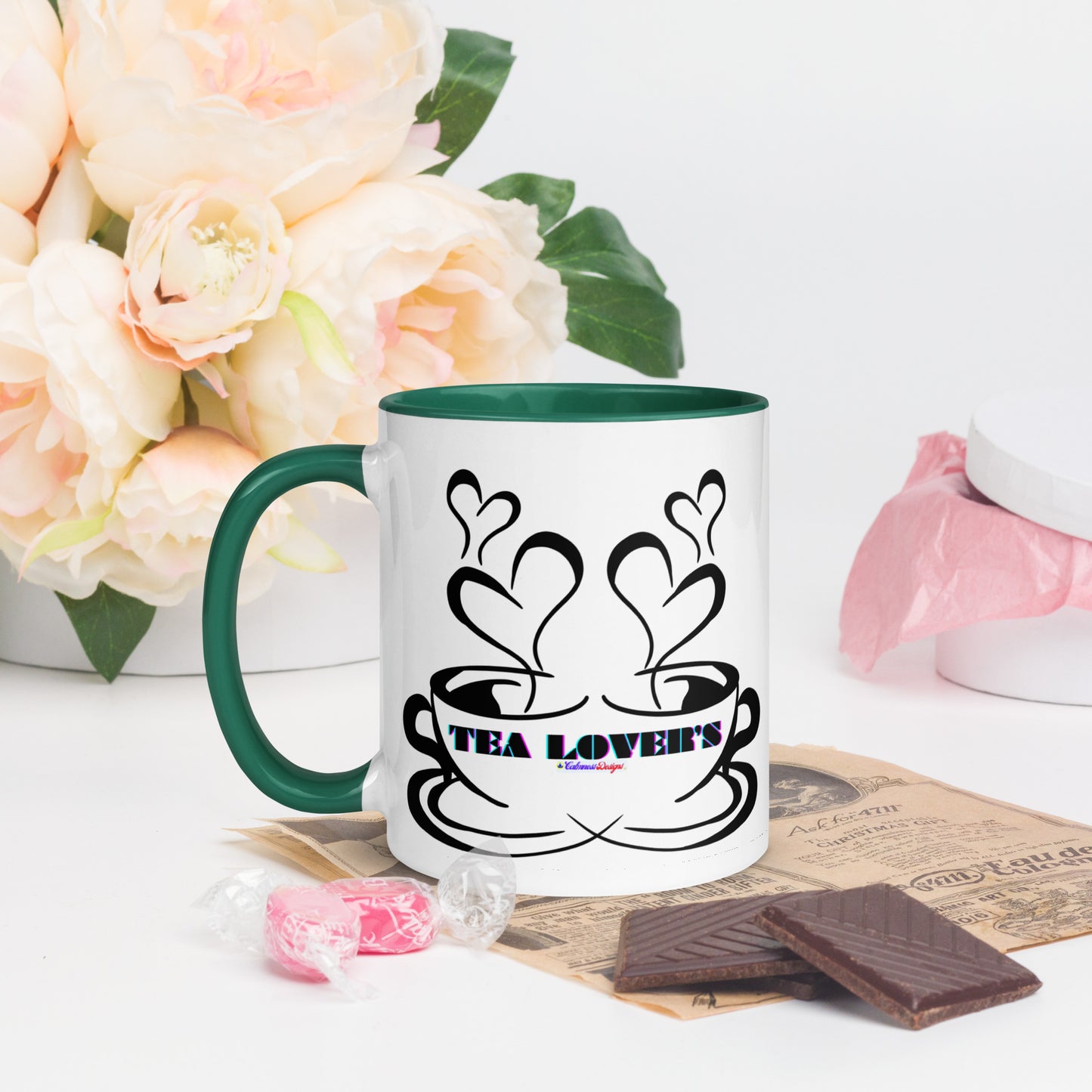 TEA LOVER'S 2 CUPS of COFFEE, Hearts, CALMNESS DESIGNS,  Creative Designer's, Mug with Color Inside