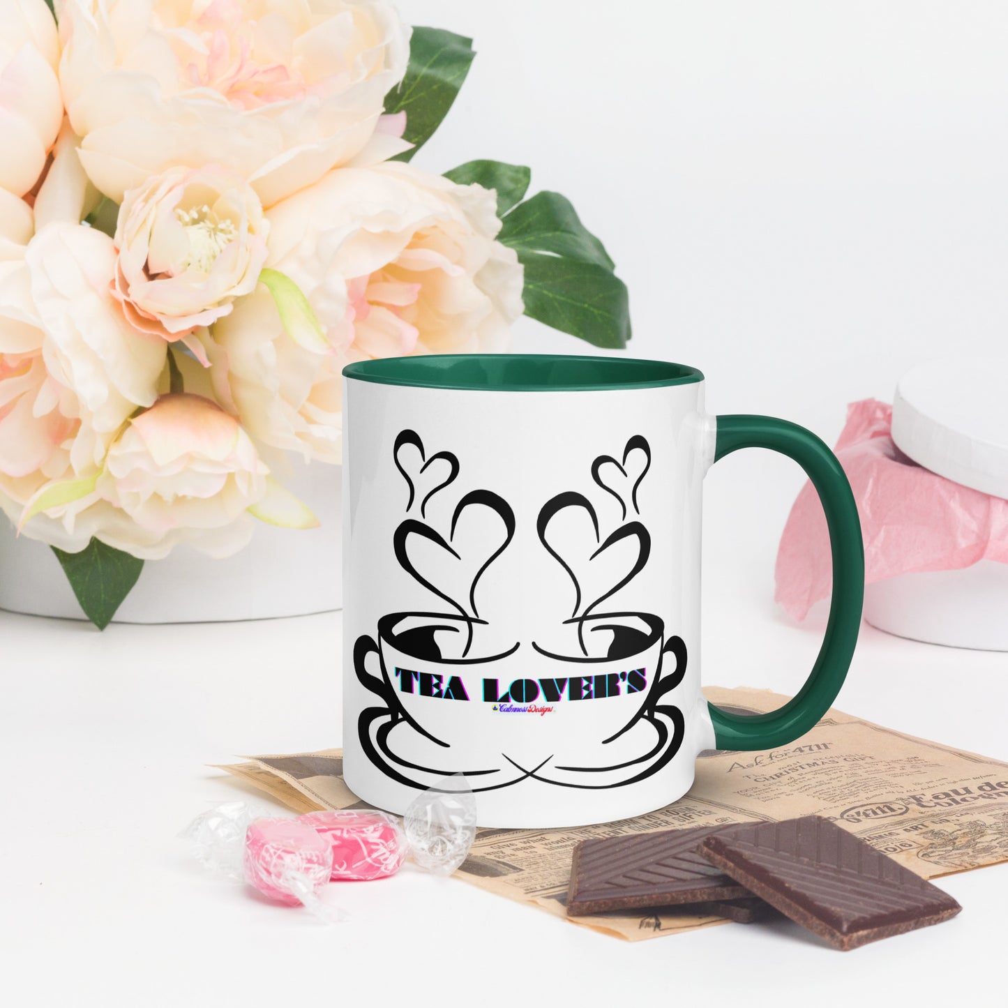 TEA LOVER'S 2 CUPS of COFFEE, Hearts, CALMNESS DESIGNS,  Creative Designer's, Mug with Color Inside