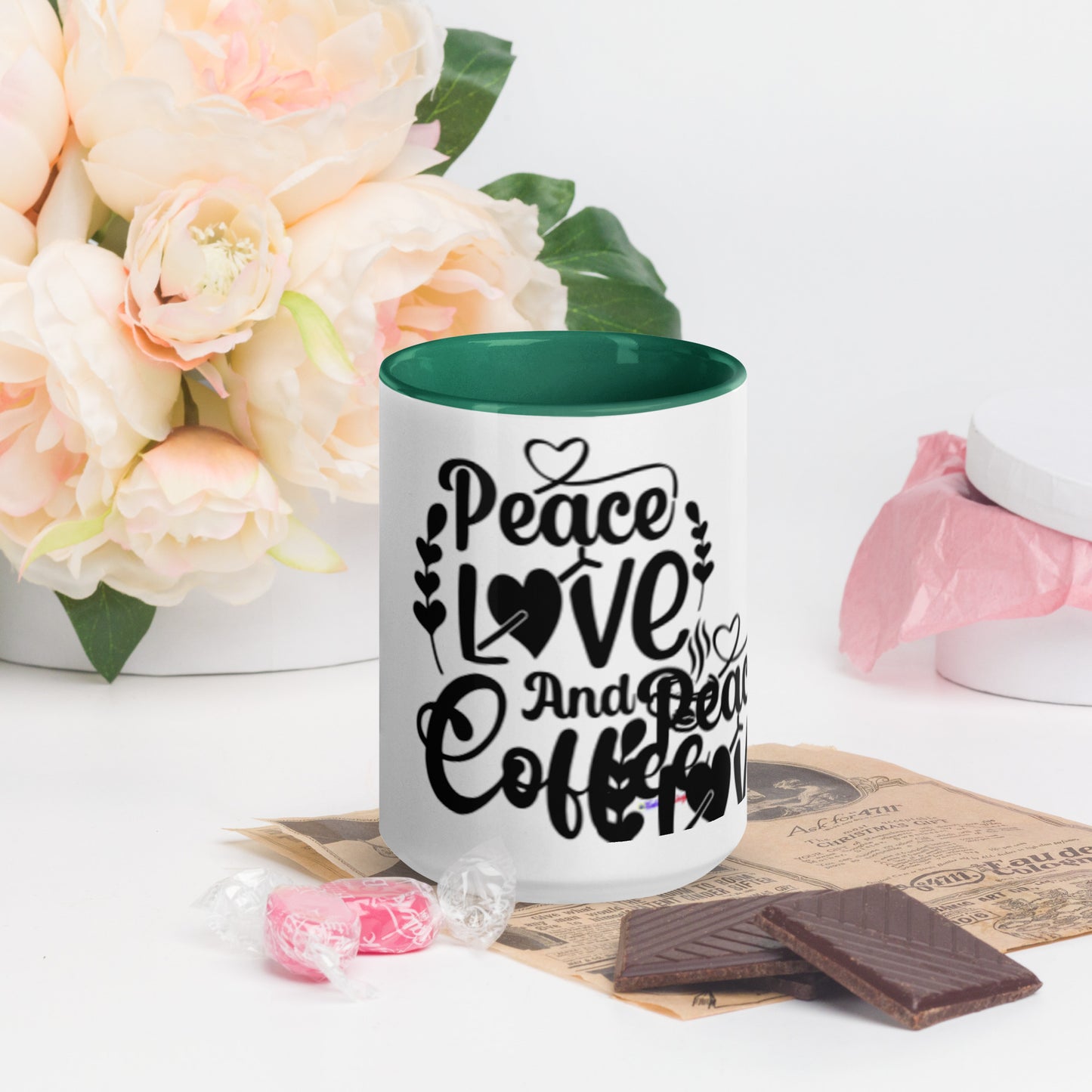 Peace Love and Coffee, Hearts-Arrow, Cup of HOT Coffee, CALMNESS DESIGNS,  Creative Designer's,  Mug with Color Inside