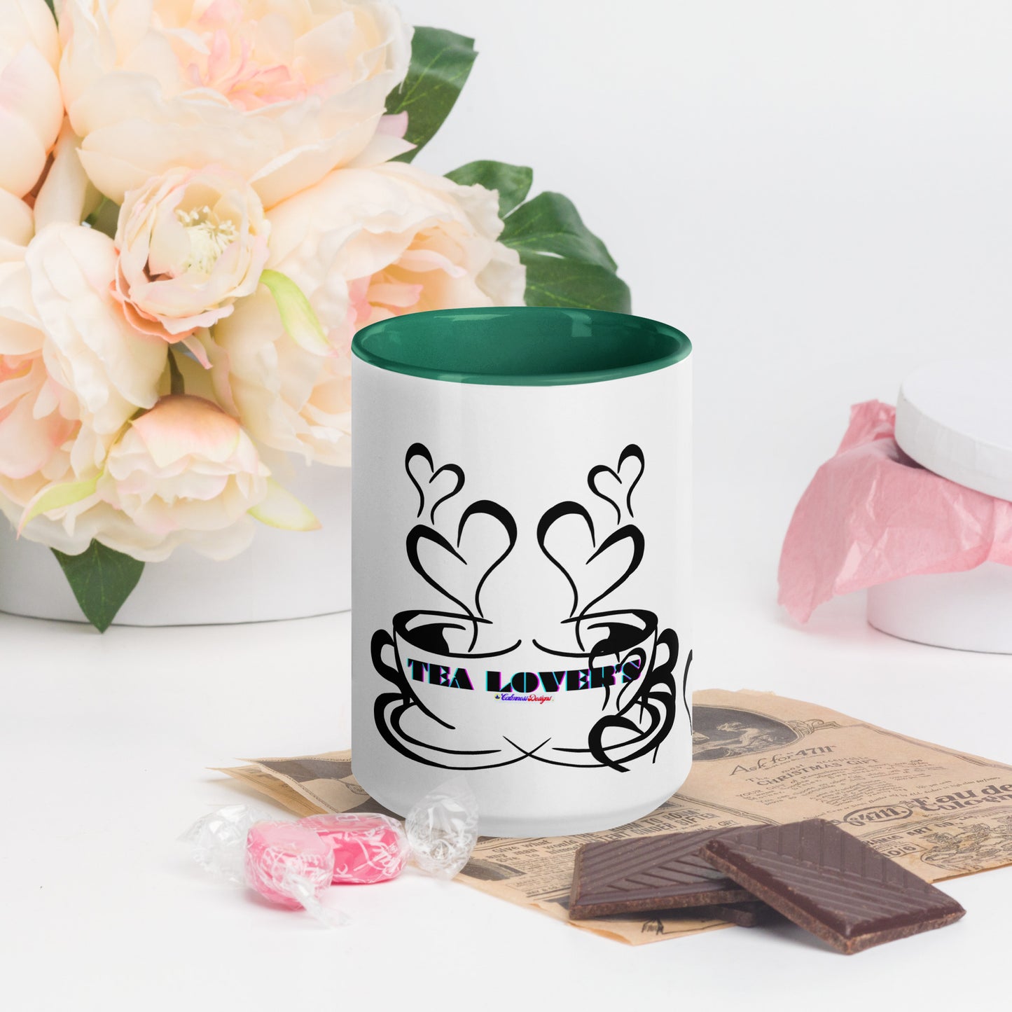 TEA LOVER'S 2 CUPS of COFFEE, Hearts, CALMNESS DESIGNS,  Creative Designer's, Mug with Color Inside