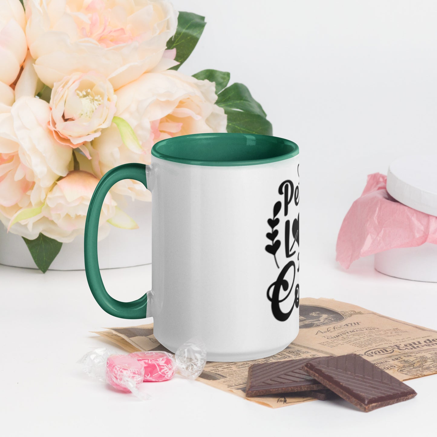 Peace Love and Coffee, Hearts-Arrow, Cup of HOT Coffee, CALMNESS DESIGNS,  Creative Designer's,  Mug with Color Inside