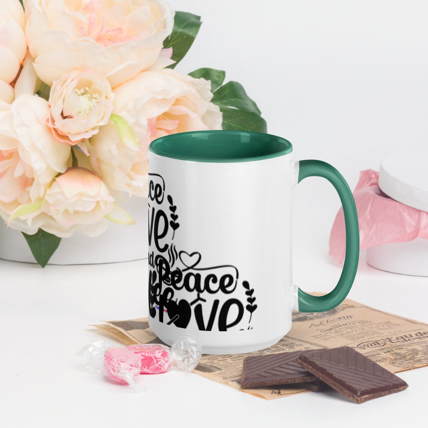 Peace Love and Coffee, Hearts-Arrow, Cup of HOT Coffee, CALMNESS DESIGNS,  Creative Designer's,  Mug with Color Inside